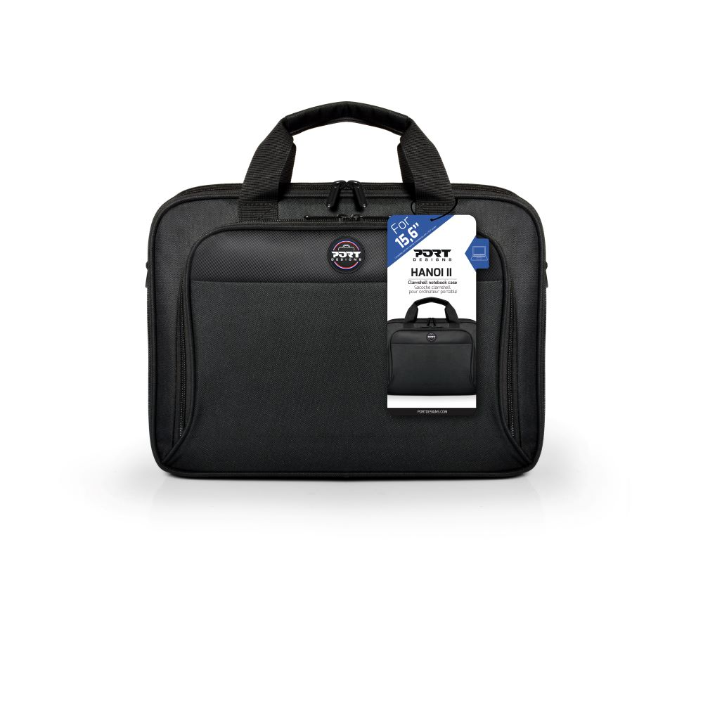 Borsa per laptop nera con etichetta. La borsa ha un manico. Il marchio è Port Designs.