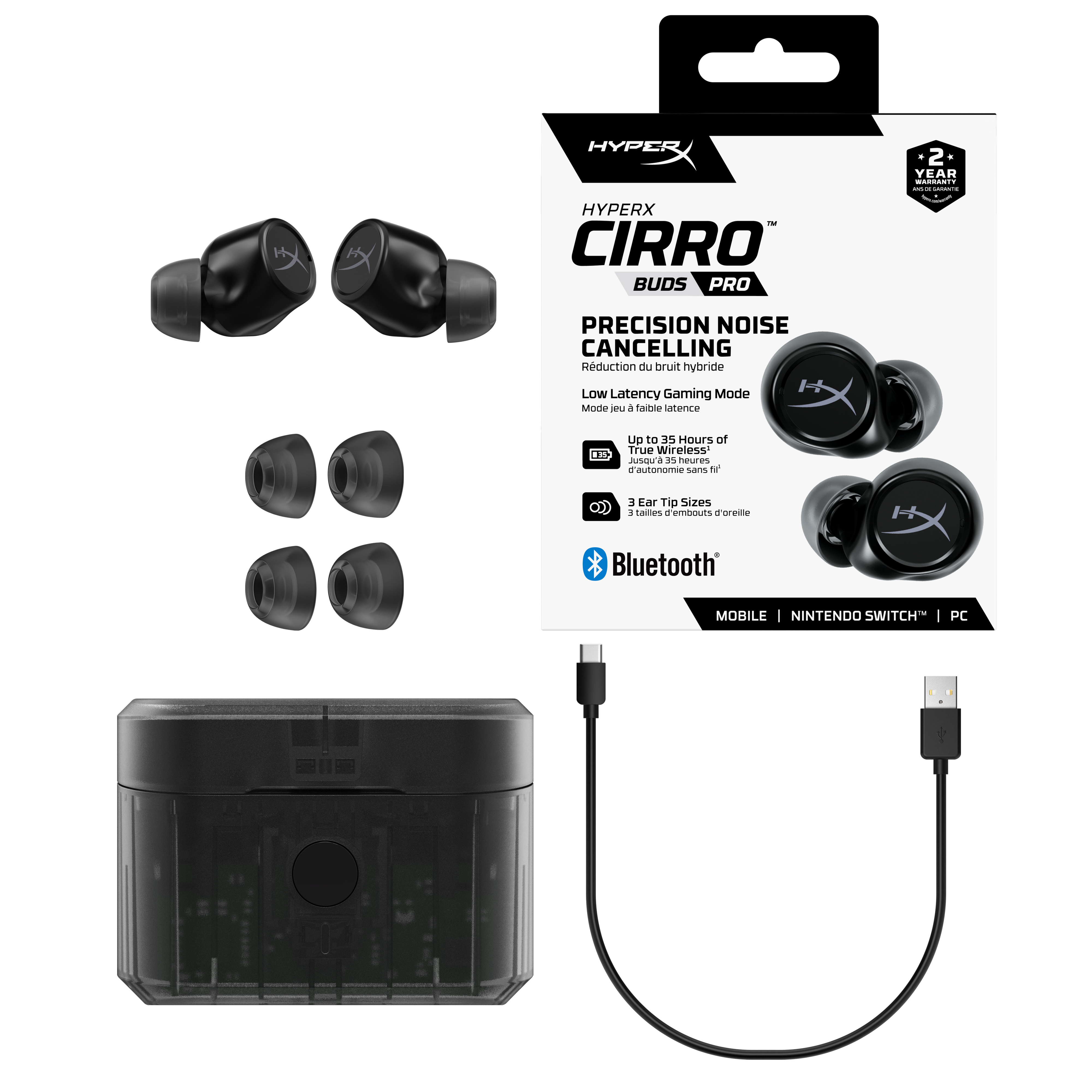 Słuchawki HyperX Cirro Buds Pro i etui ładujące. Opakowanie zawiera słuchawki, dodatkowe końcówki i kabel ładujący.
