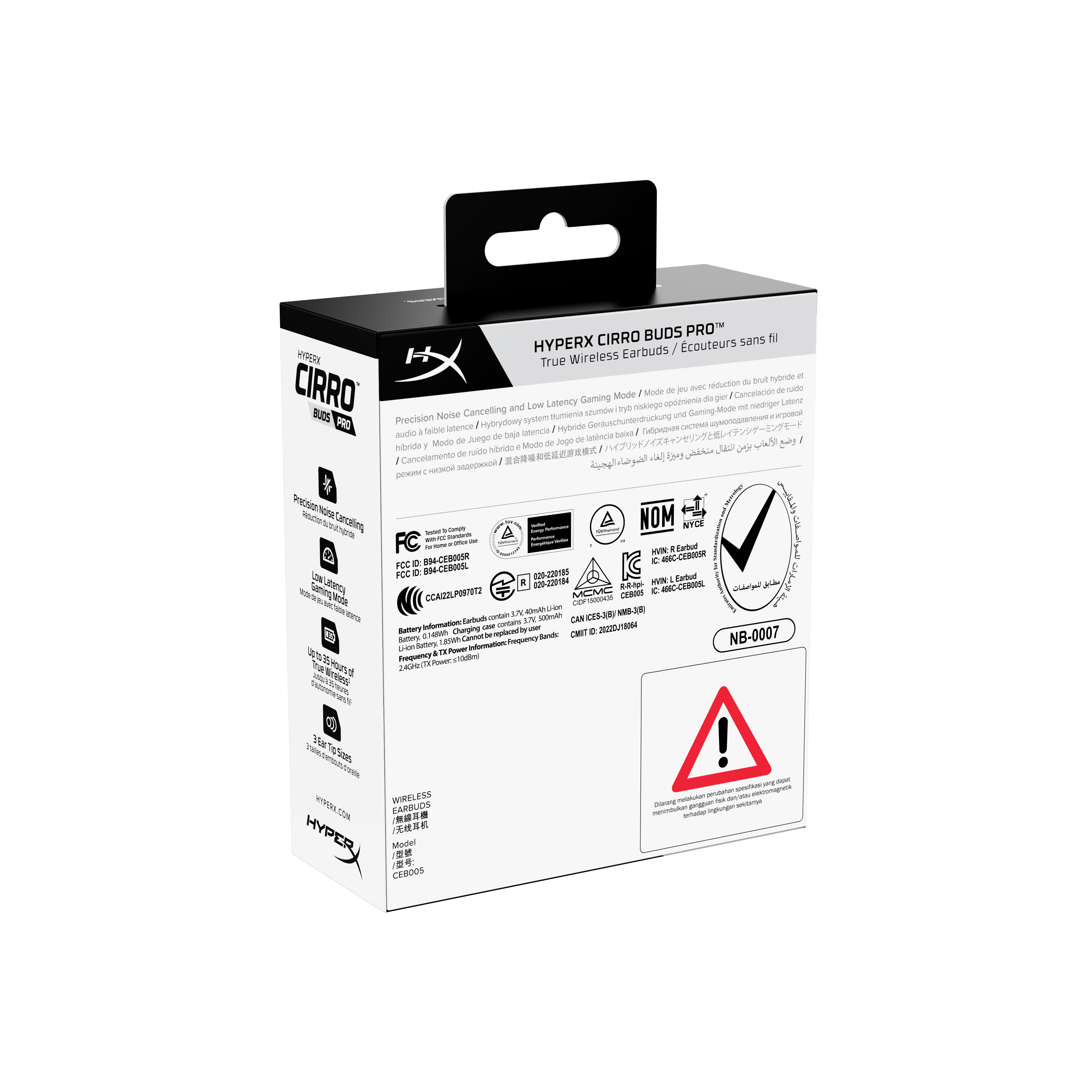 Czarno-białe pudełko ze słuchawkami. Tekst na pudełku zawiera nazwę produktu i funkcje.