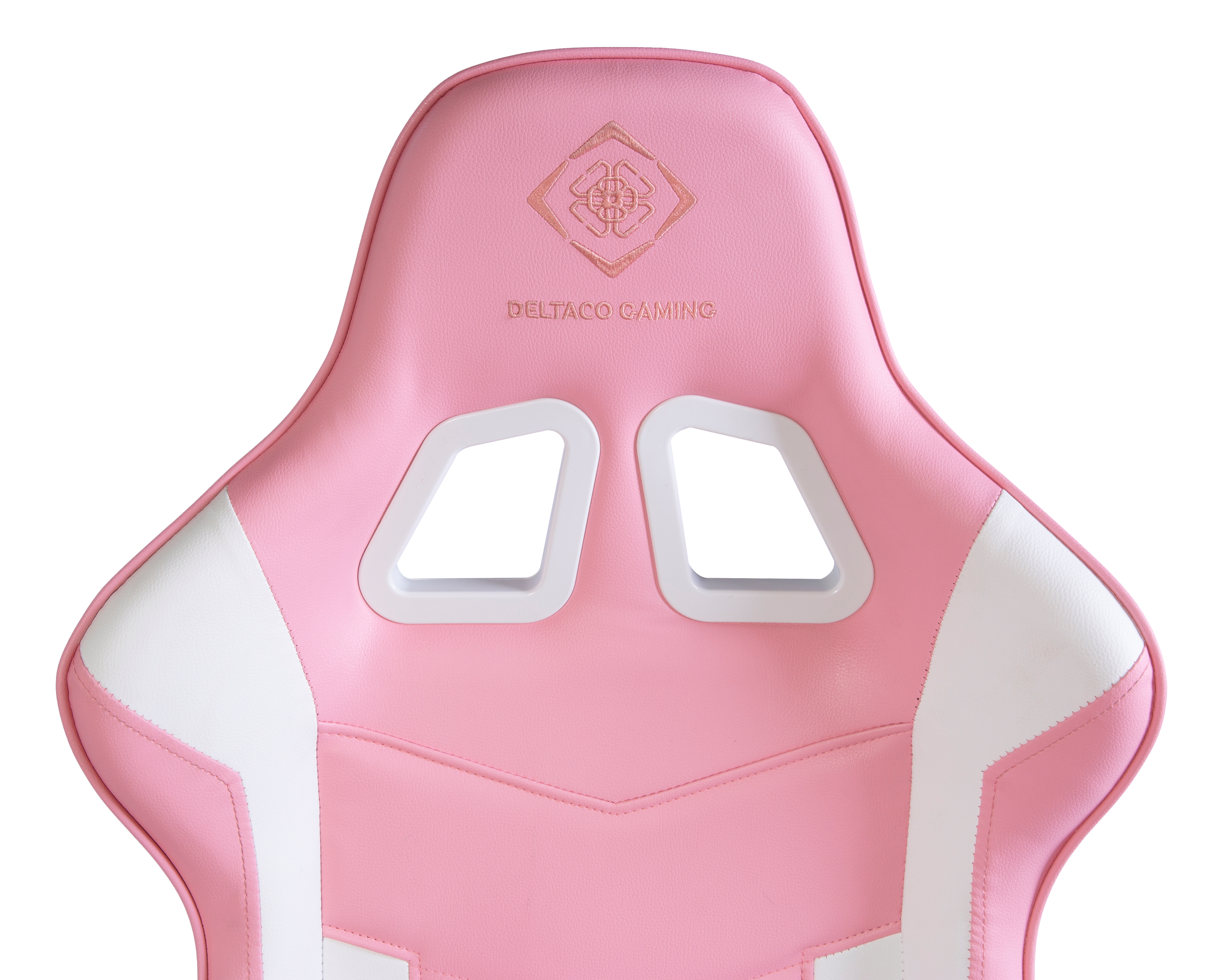 Rosa-weißer Gaming-Stuhl mit dem Logo „DELTACO GAMING“ auf der Kopfstütze.