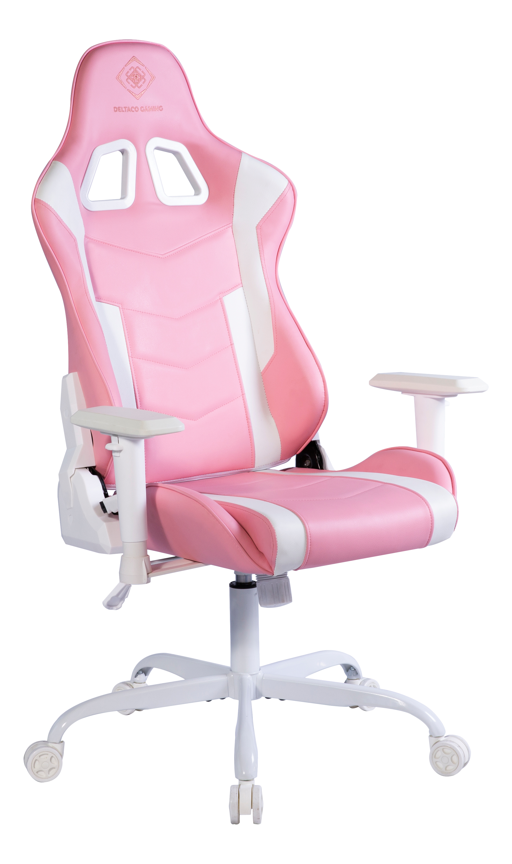 Ein rosa-weißer Gaming-Stuhl mit Rollen, isoliert auf weißem Hintergrund.