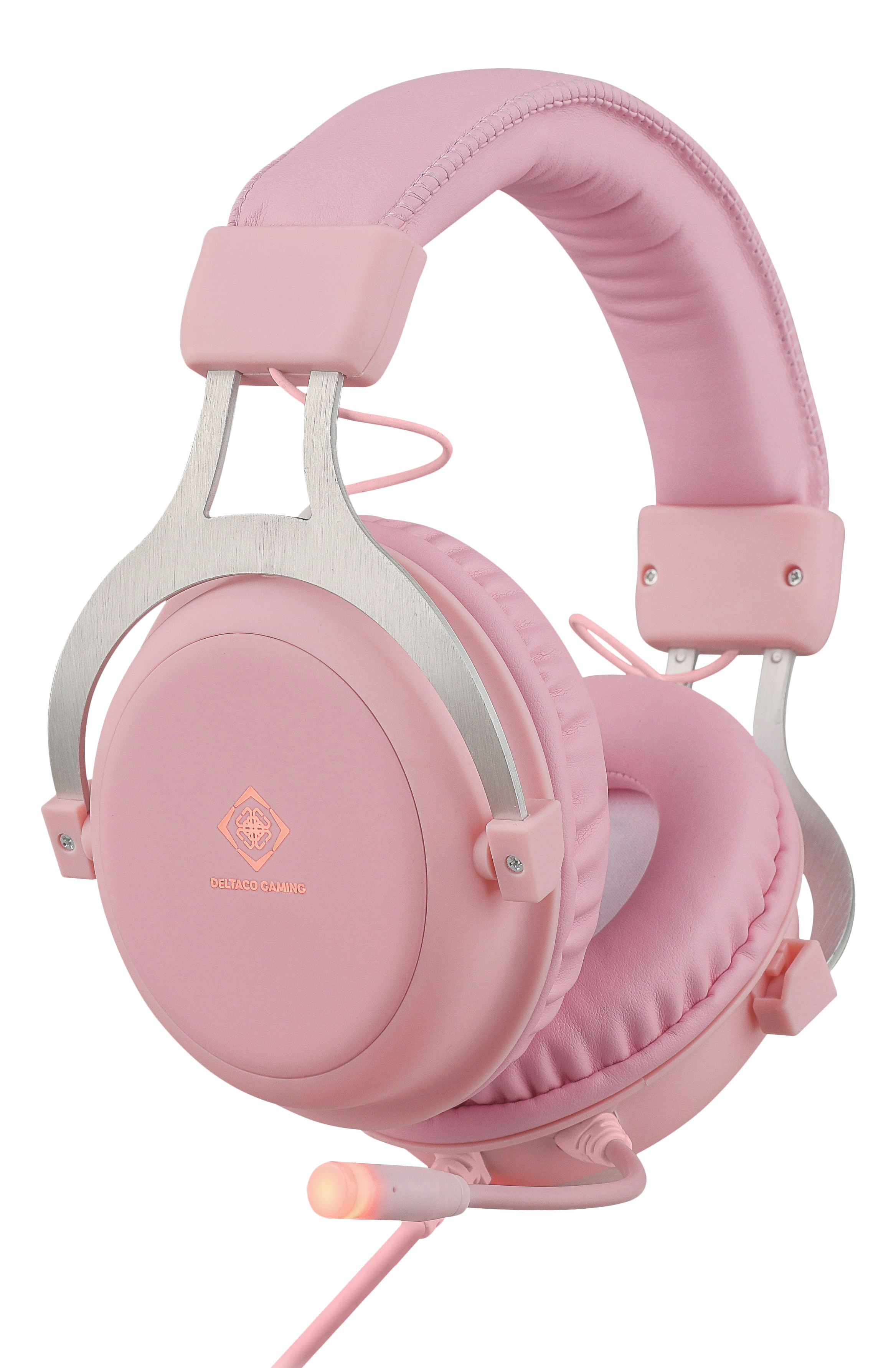 Różowe słuchawki do gier na białym tle. Słuchawki mają mikrofon i srebrną opaskę.