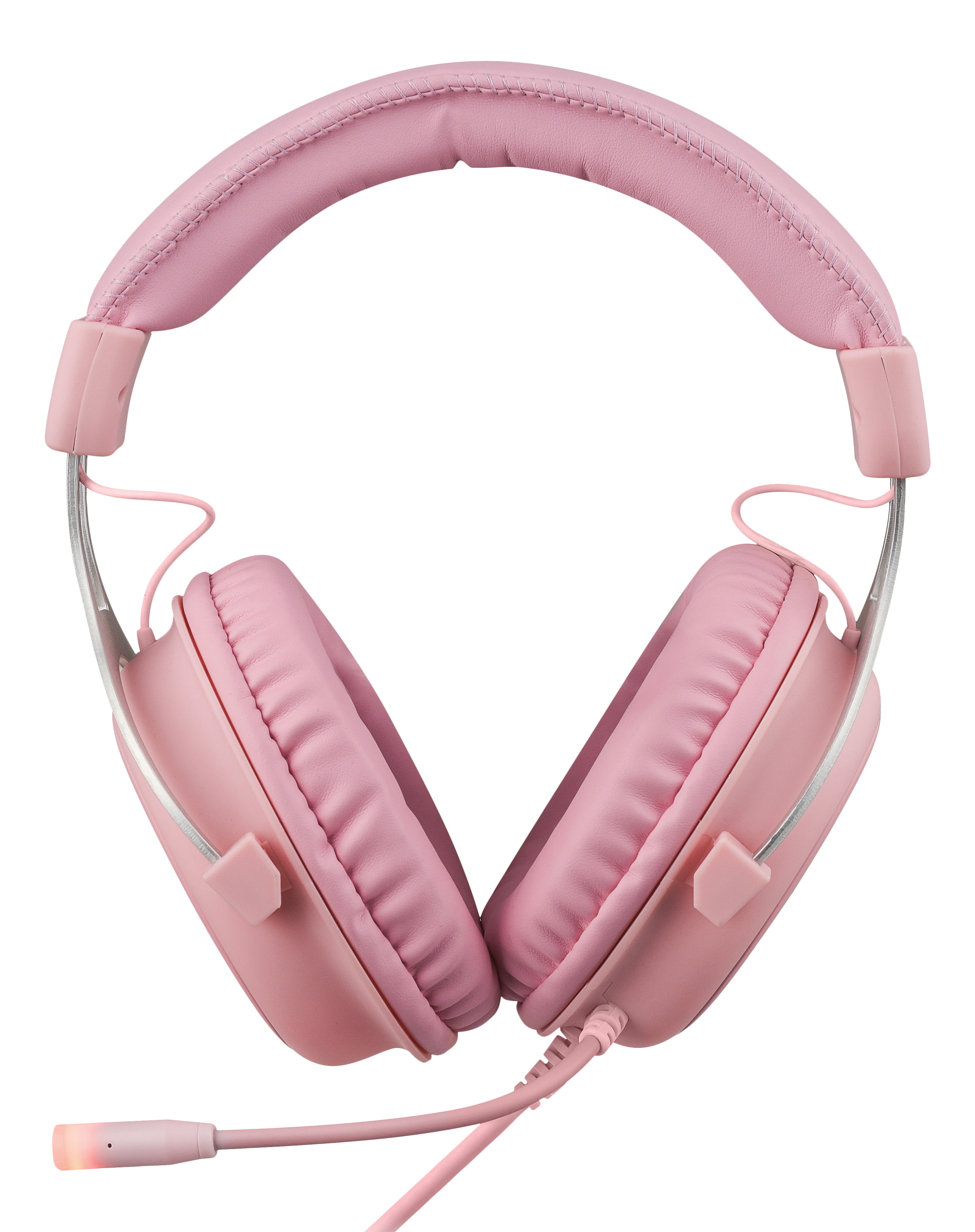Różowy zestaw słuchawkowy dla graczy. Białe tło.