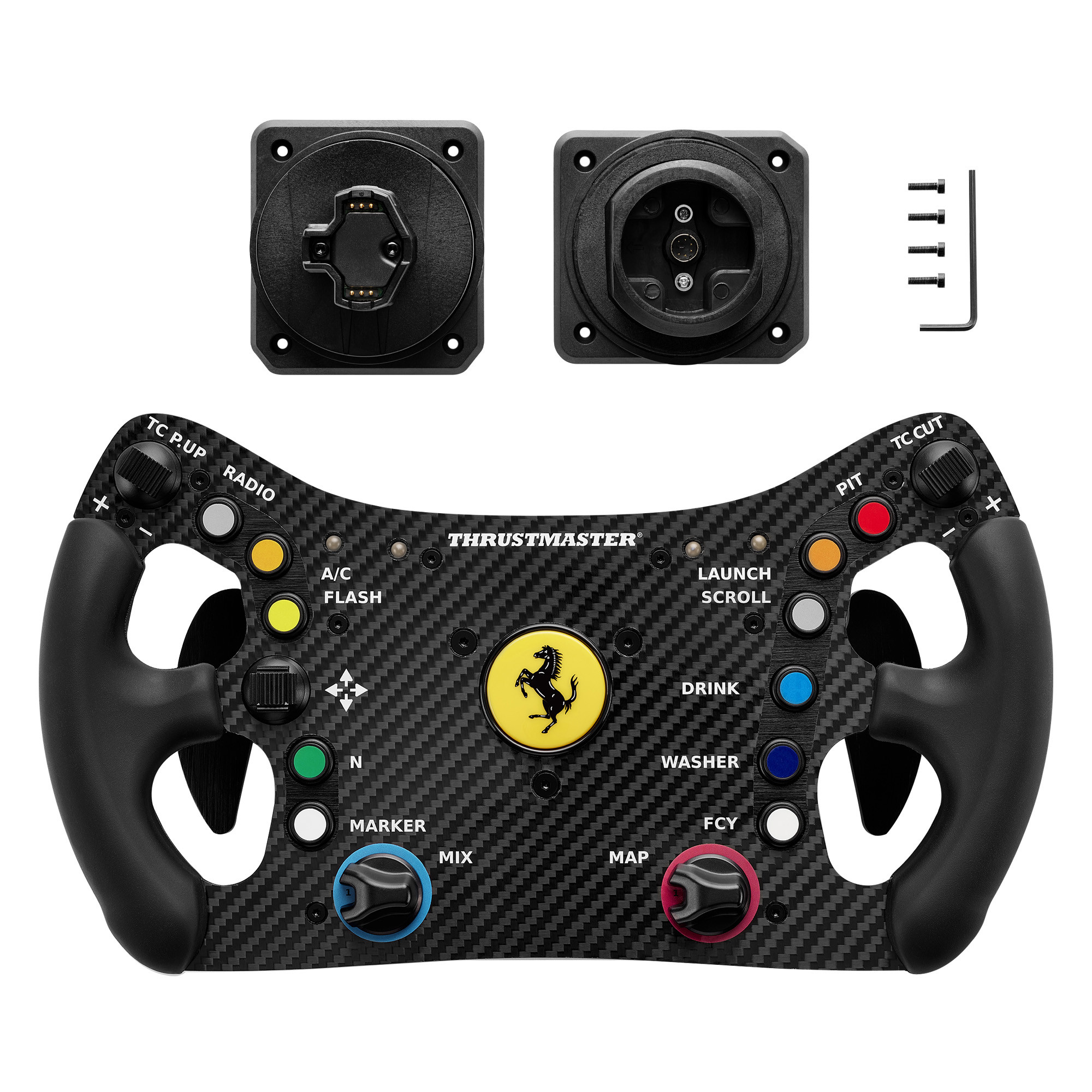 Czarna kierownica Thrustmaster Ferrari. Widoczne przyciski, pokrętła i emblemat Ferrari. Pokazano dwa dodatkowe elementy.
