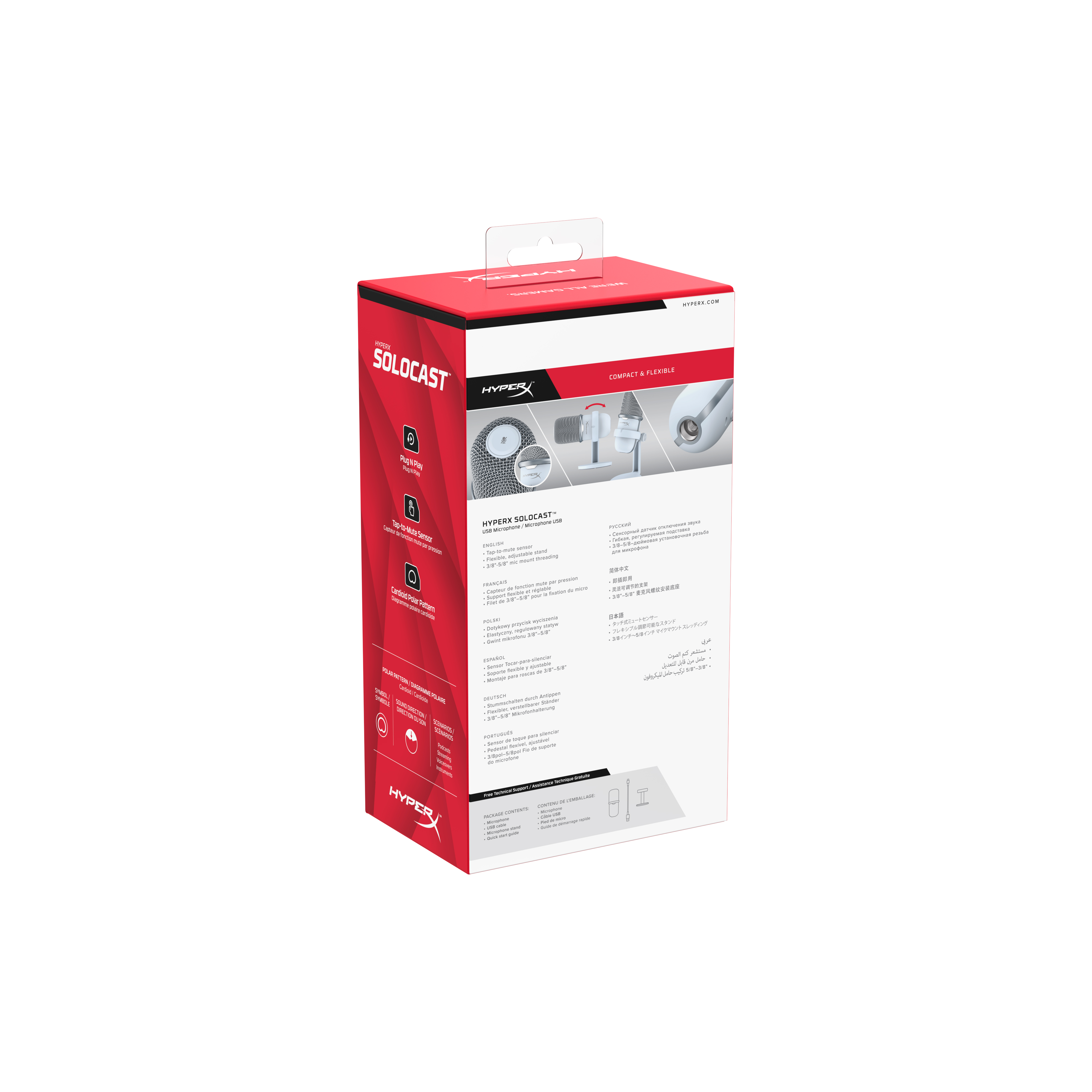 Caja HyperX SoloCast blanca y roja, mostrando el producto y sus características.