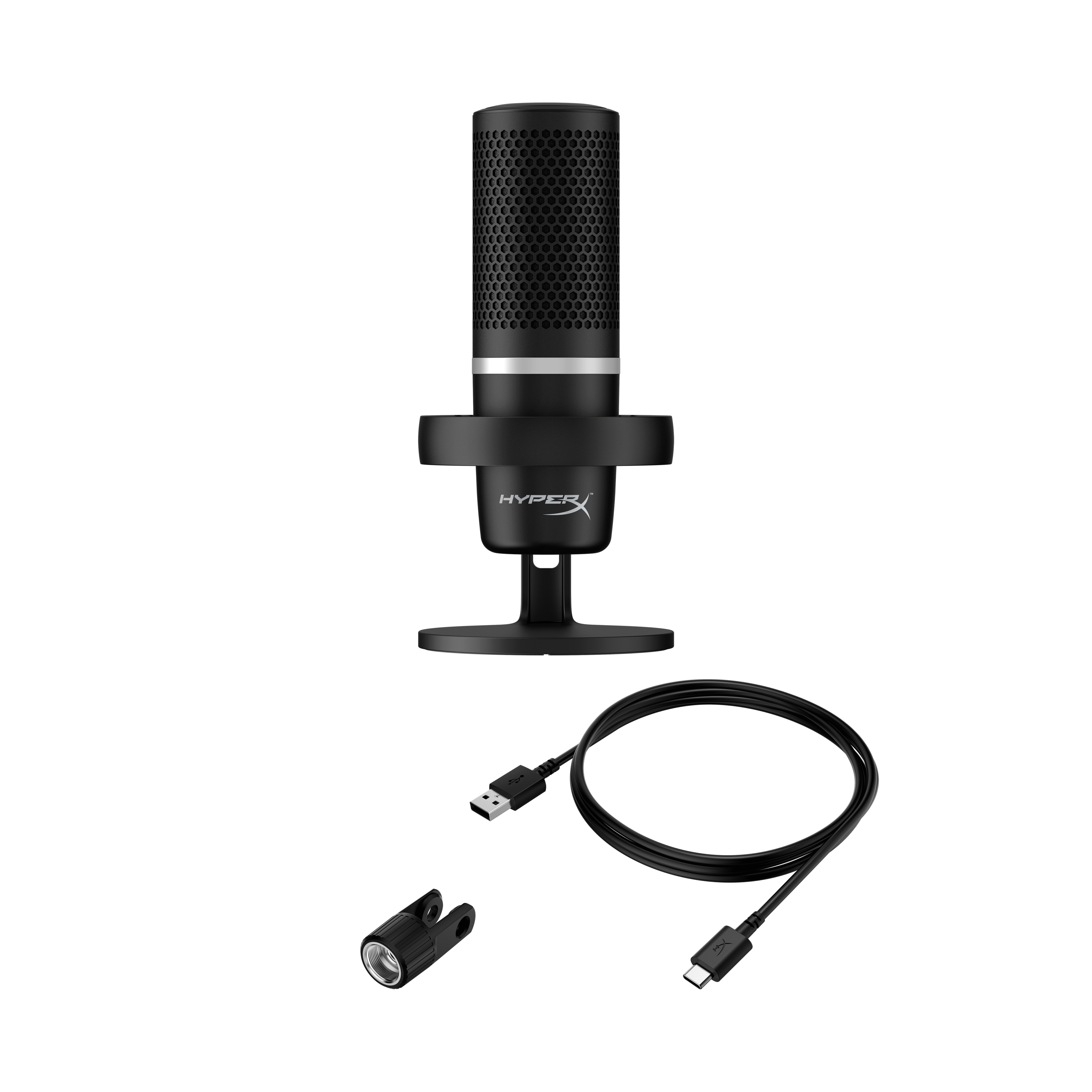 Un microfono nero con logo HyperX, con cavo USB e connettore.