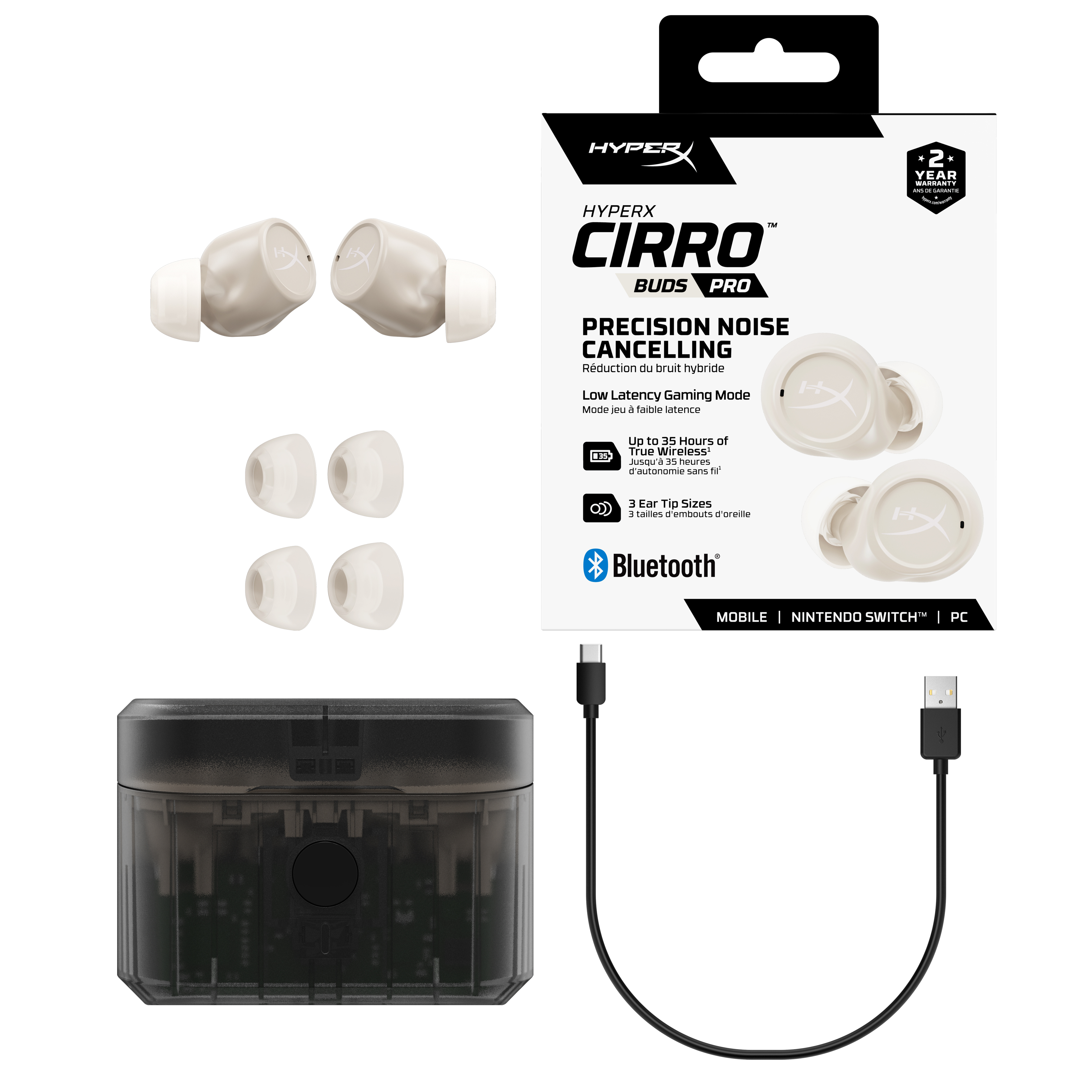 HyperX Cirro Buds Pro-Paket mit Ohrhörern, Ohrstöpseln, Ladecase und USB-Kabel.