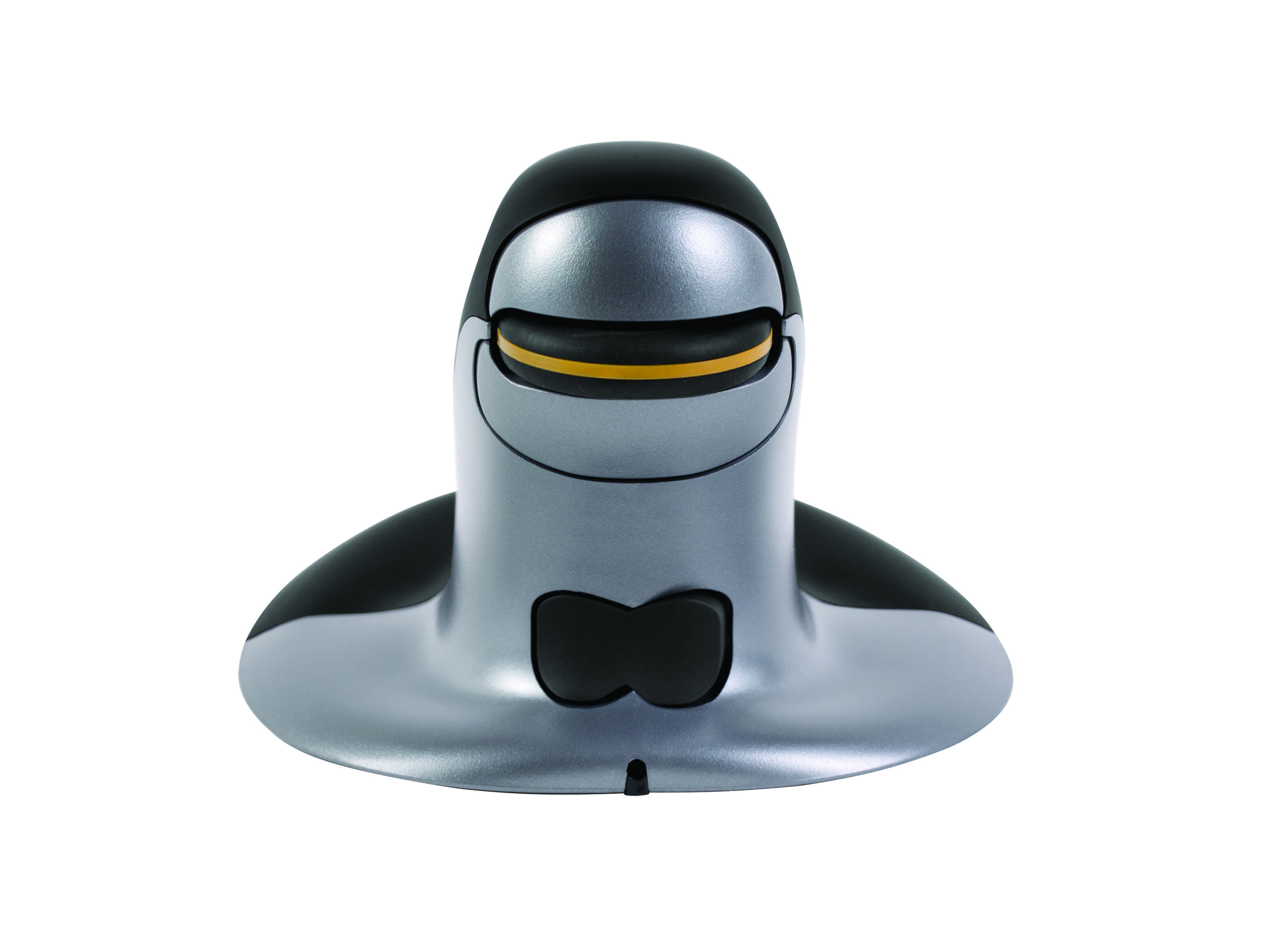 Szara i czarna mysz ergonomiczna z zakrzywionym designem i dwoma przyciskami.