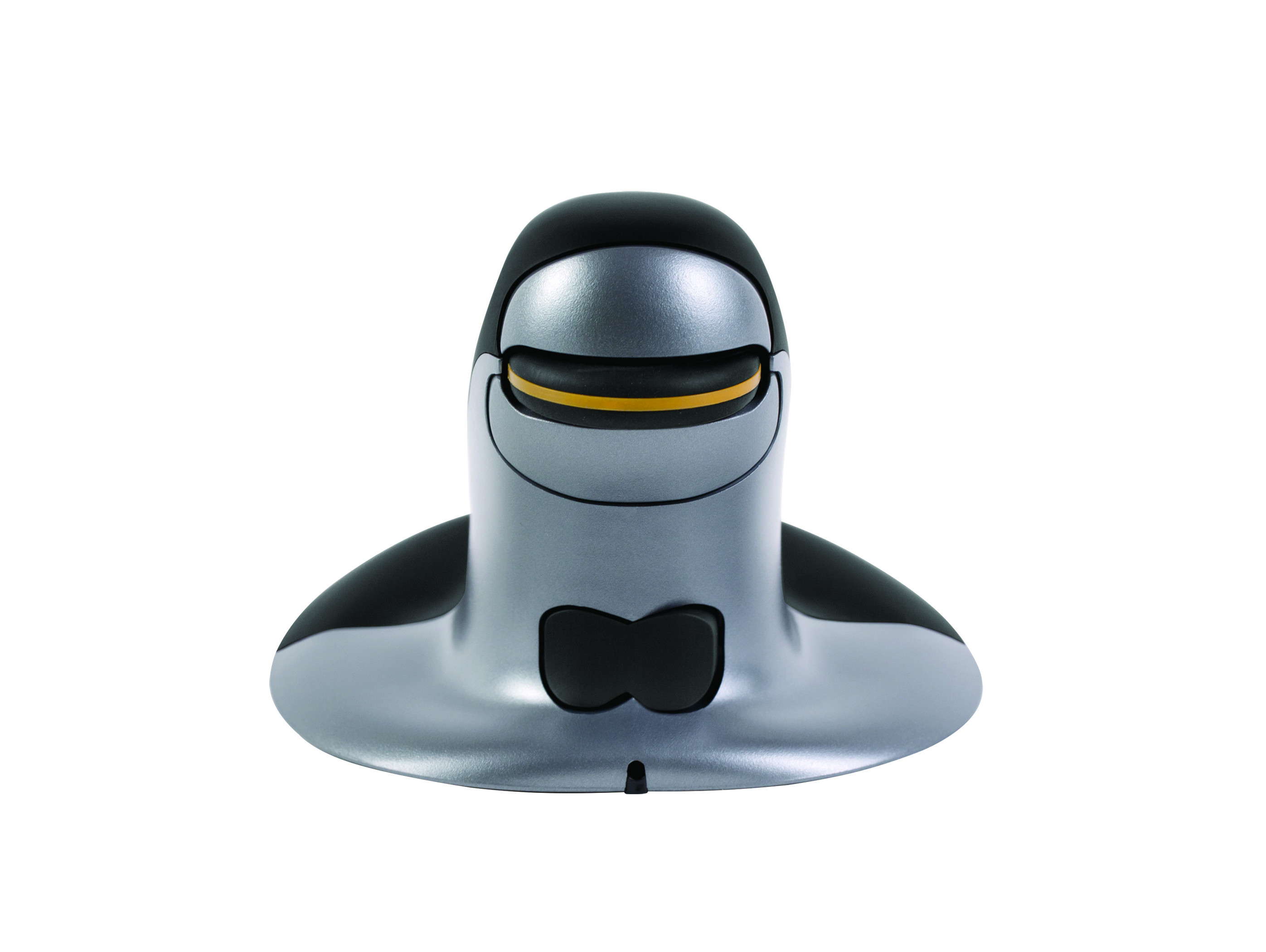 Ergonomiczna mysz komputerowa, srebrno-czarna, o unikalnym zakrzywionym kształcie. Na białym tle.