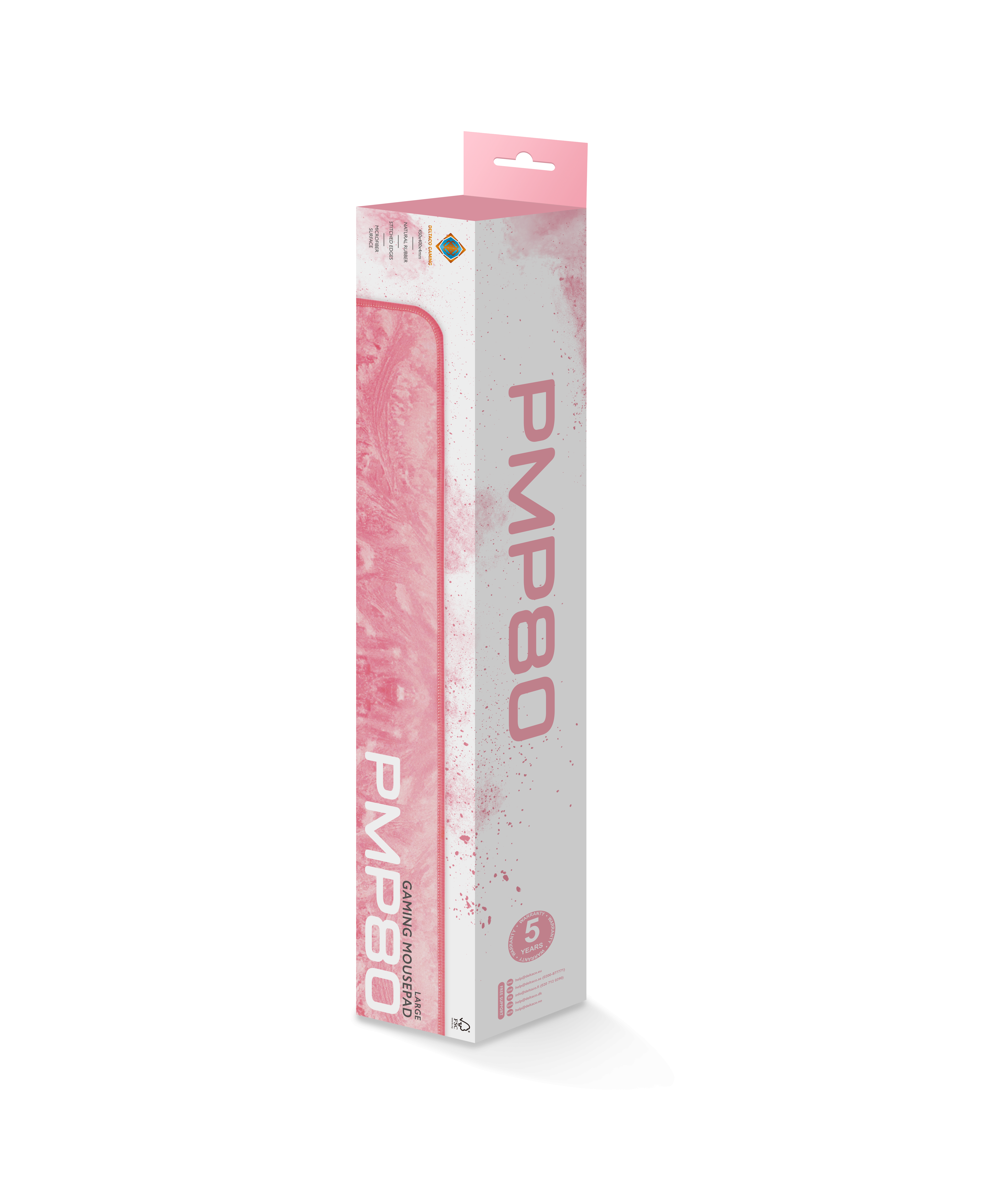 A pink mousepad box with the product name and logo on a white background.