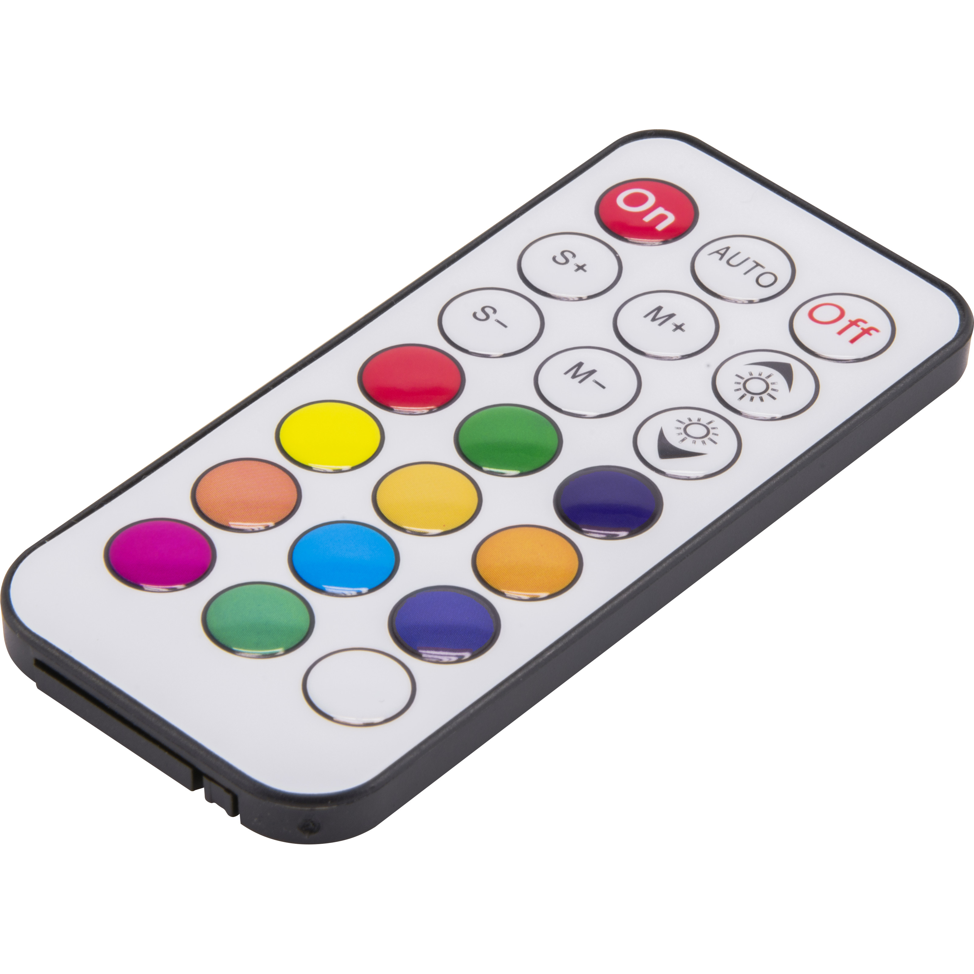 Mando a distancia blanco con botones de colores, incluyendo encendido/apagado, brillo y opciones de color.
