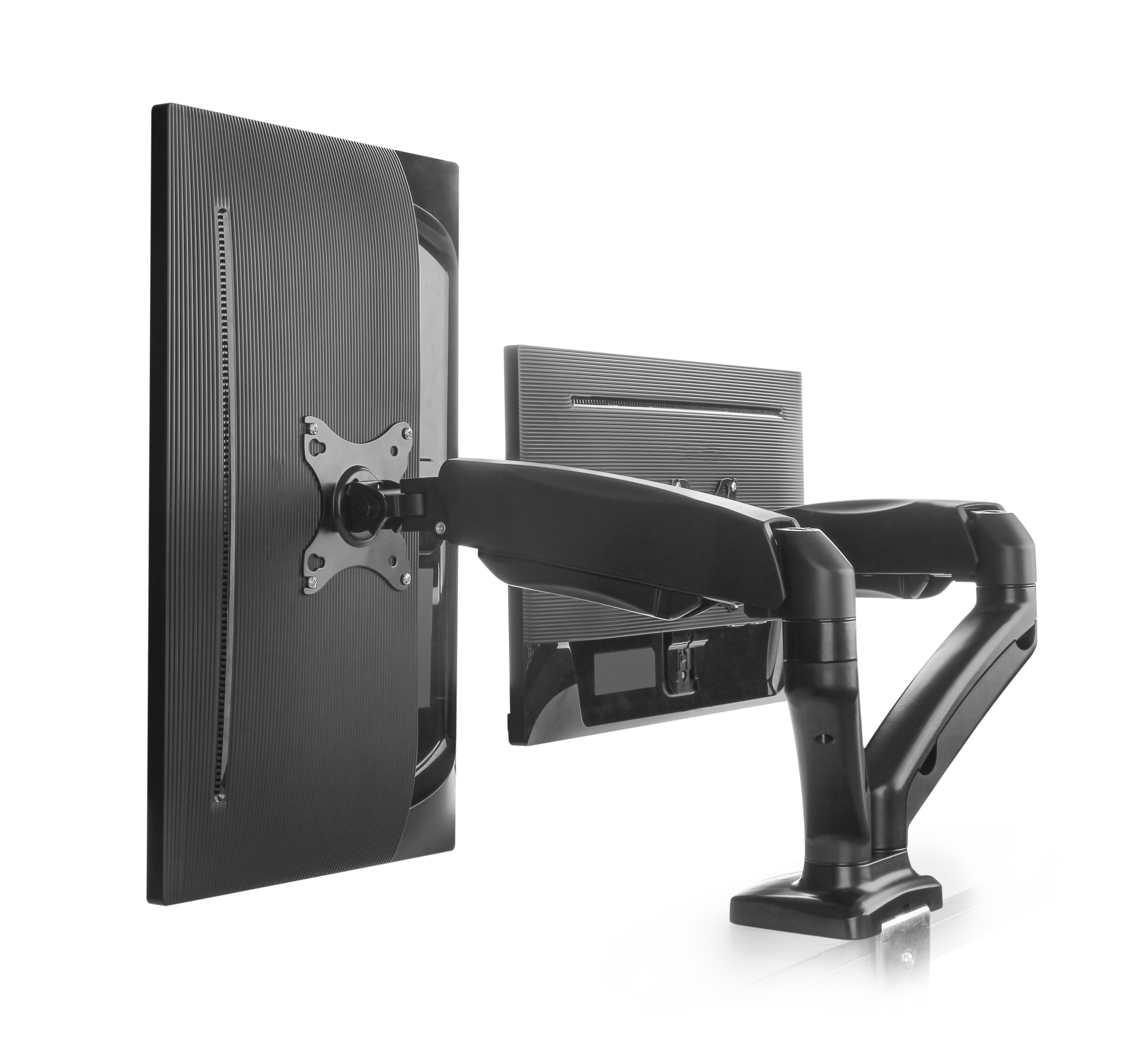 Zwei schwarze Computermonitore mit einem Doppelmonitorarm. Monitore vor weißem Hintergrund.