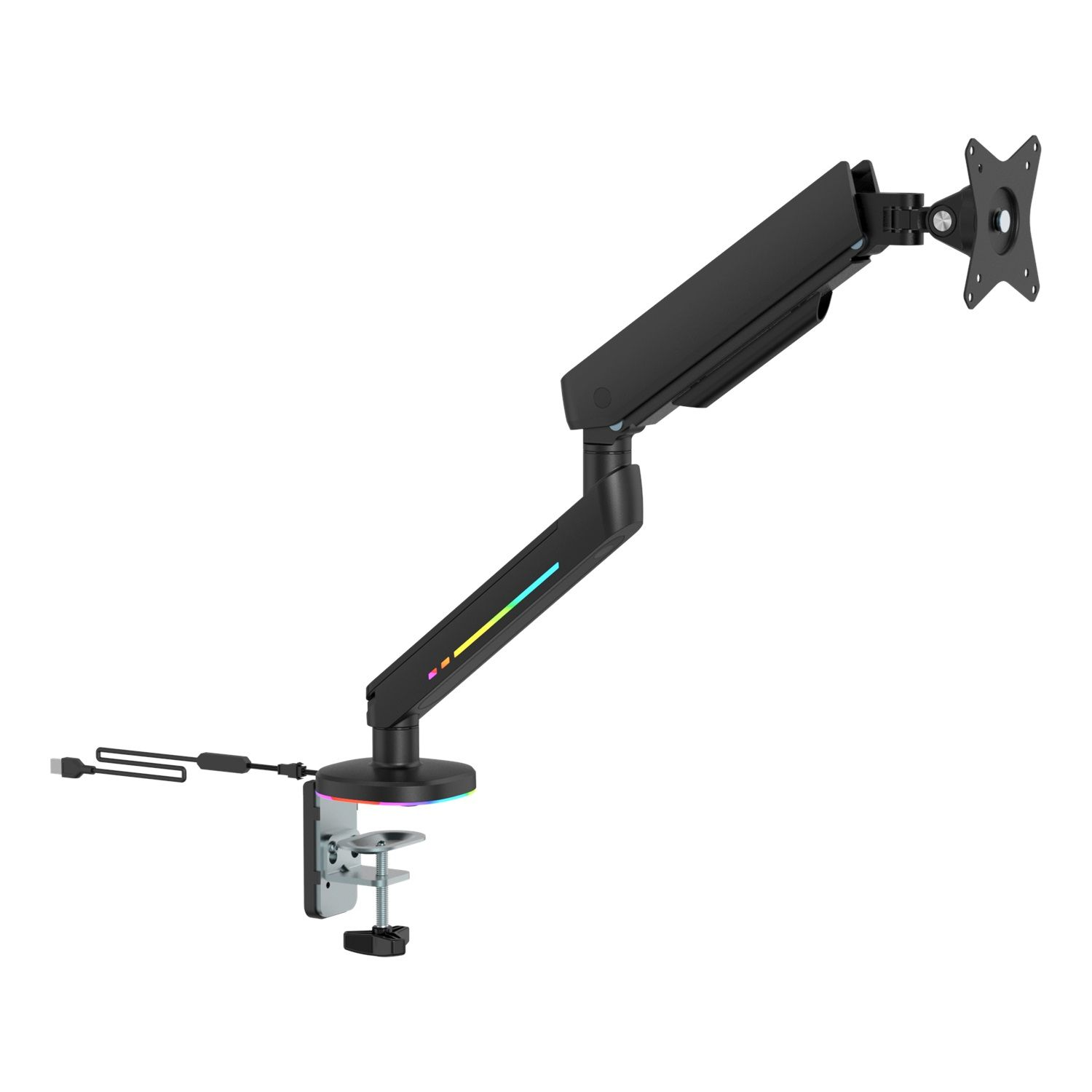 Un brazo de monitor negro con una abrazadera. Tiene luces de colores. Una montura de monitor en la parte superior.