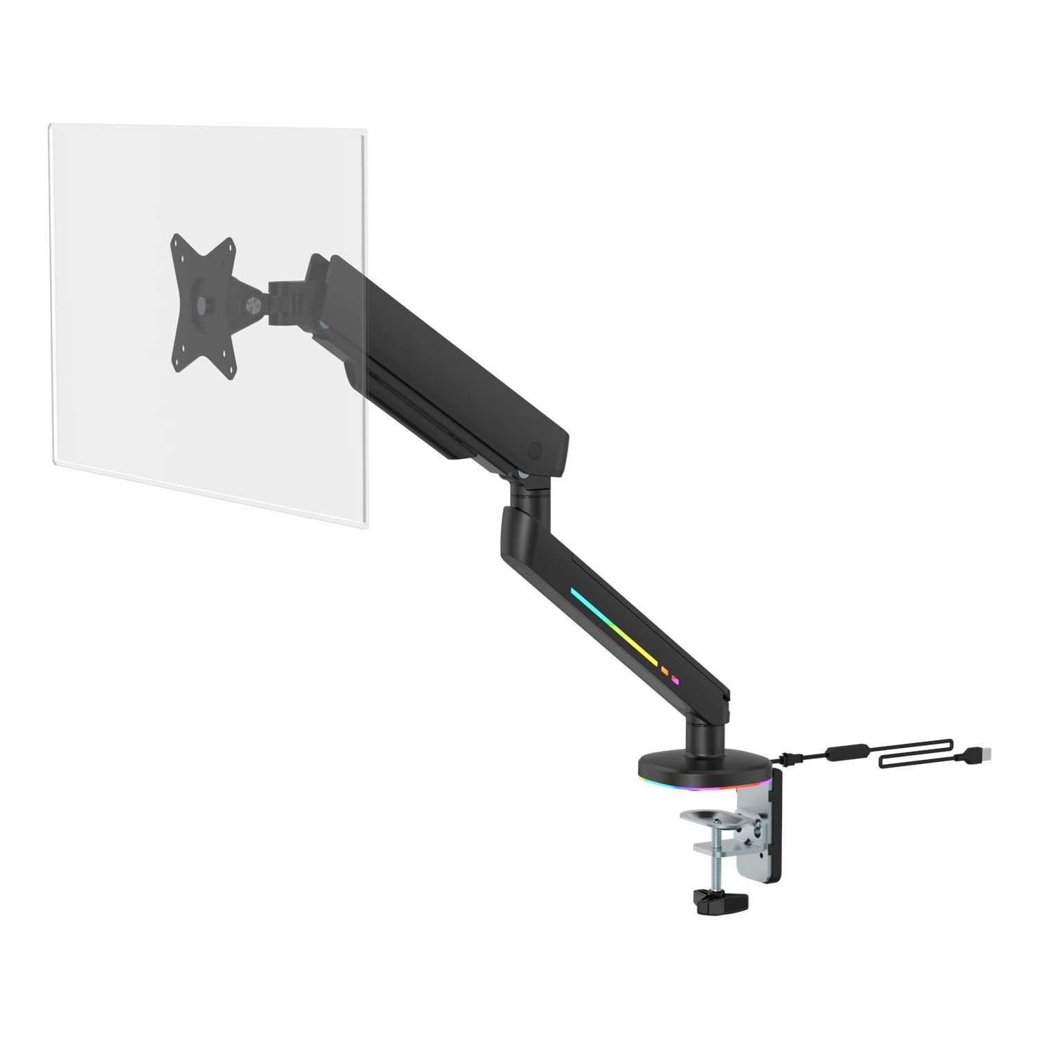 Un brazo de monitor con un monitor transparente adjunto. El brazo es negro con acentos coloridos. En un escritorio.
