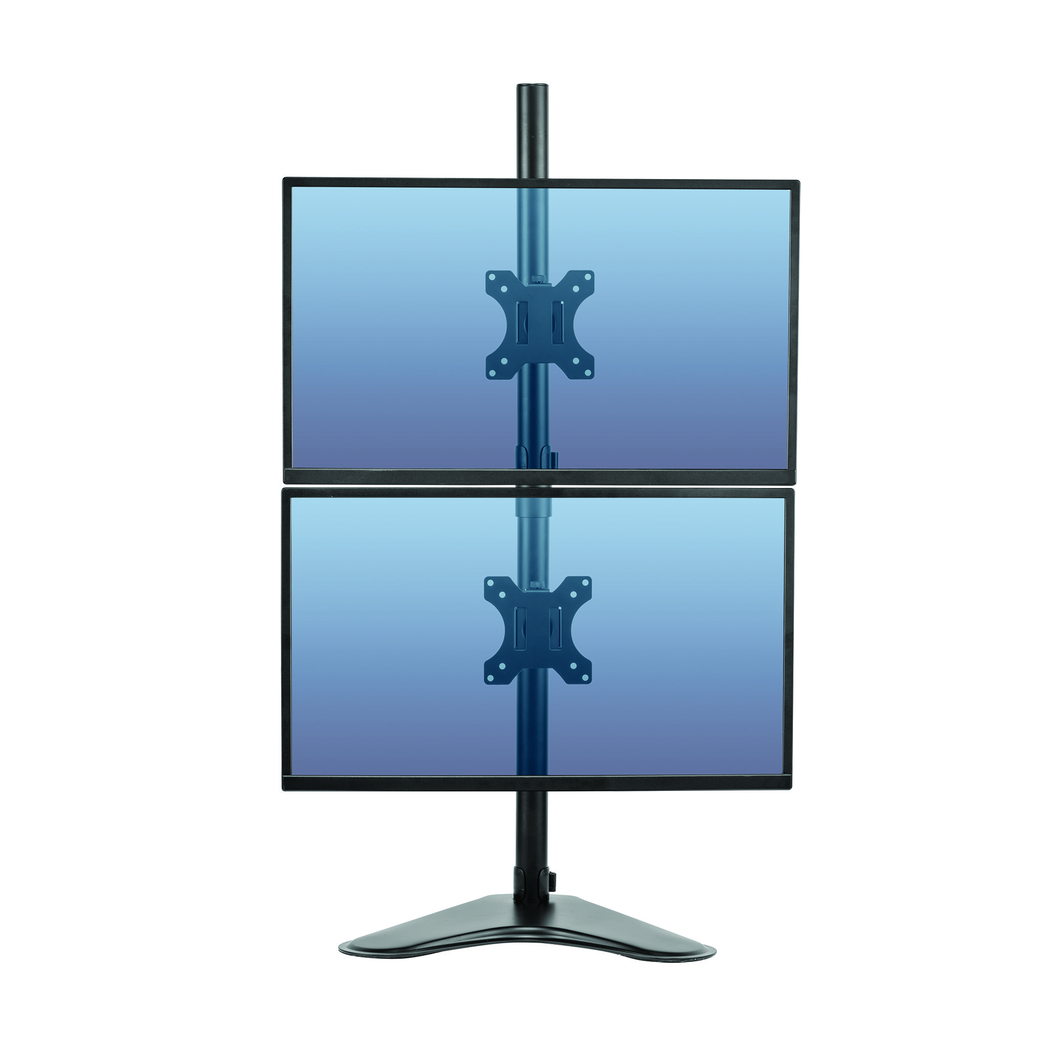 Due monitor per computer montati su un supporto. Gli schermi sono blu e il supporto è nero.