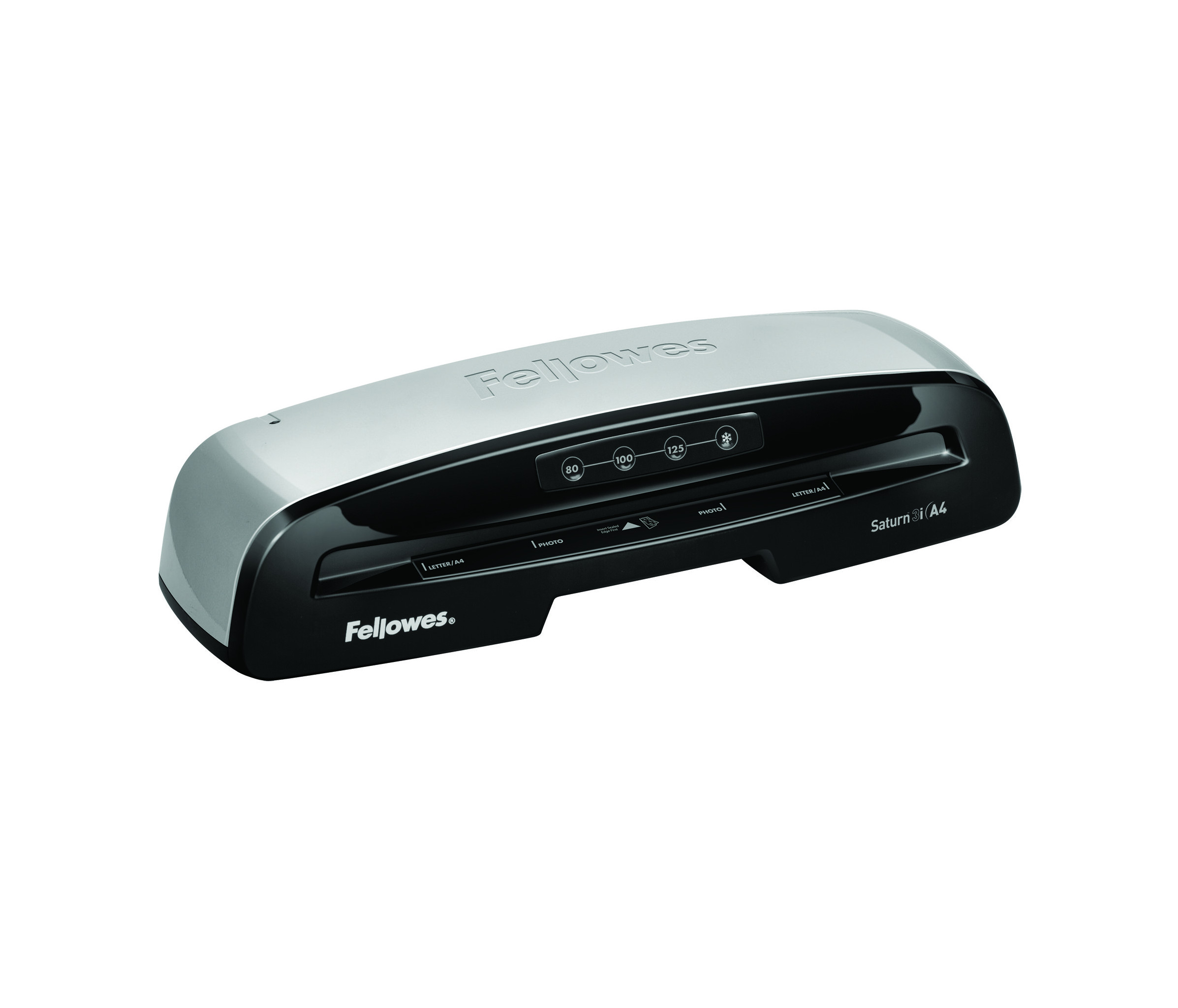 Laminator Fellowes Saturn 3i A4, srebrny i czarny, z widocznymi przyciskami i ustawieniami.
