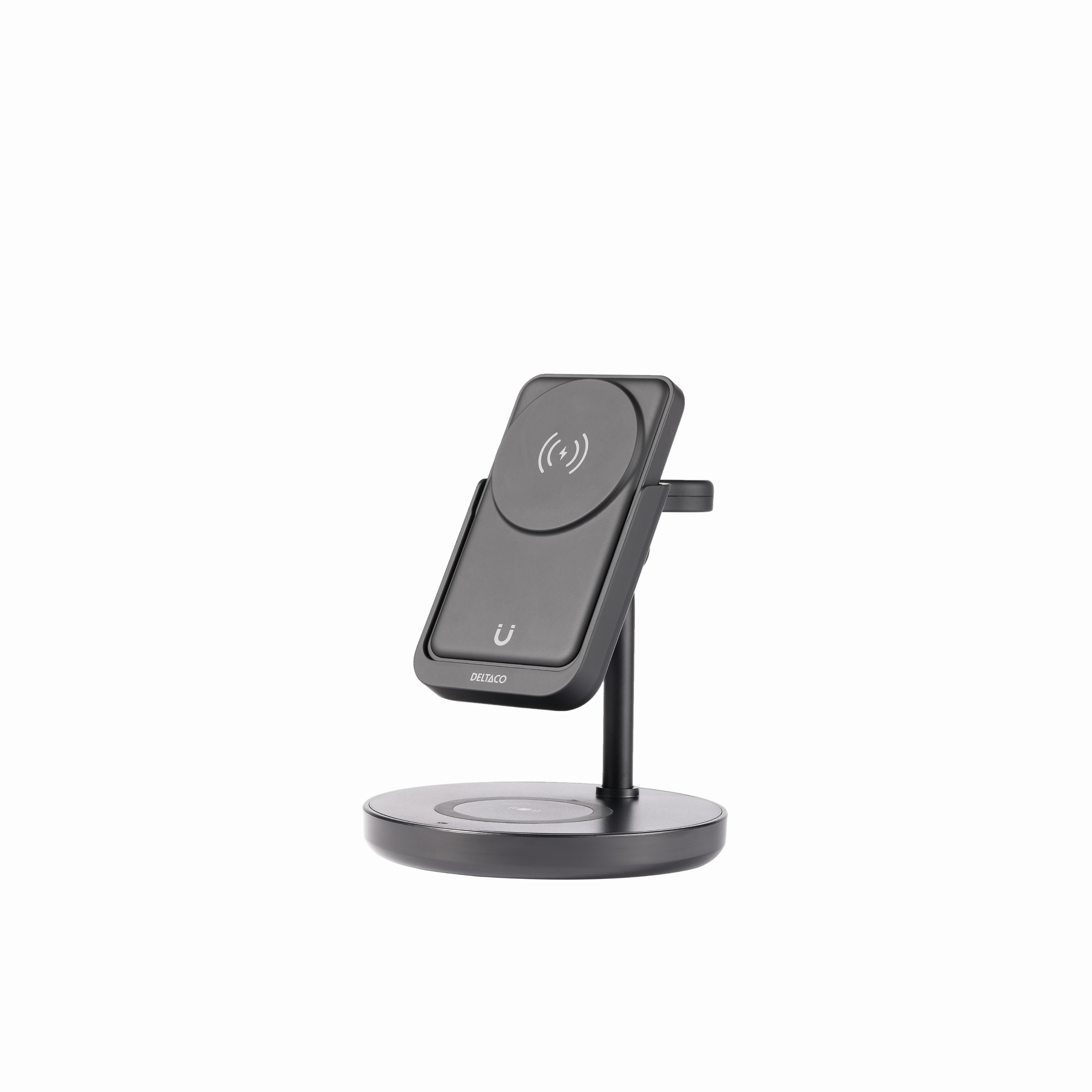 Supporto di ricarica wireless nero con telefono, base nera, sfondo bianco.