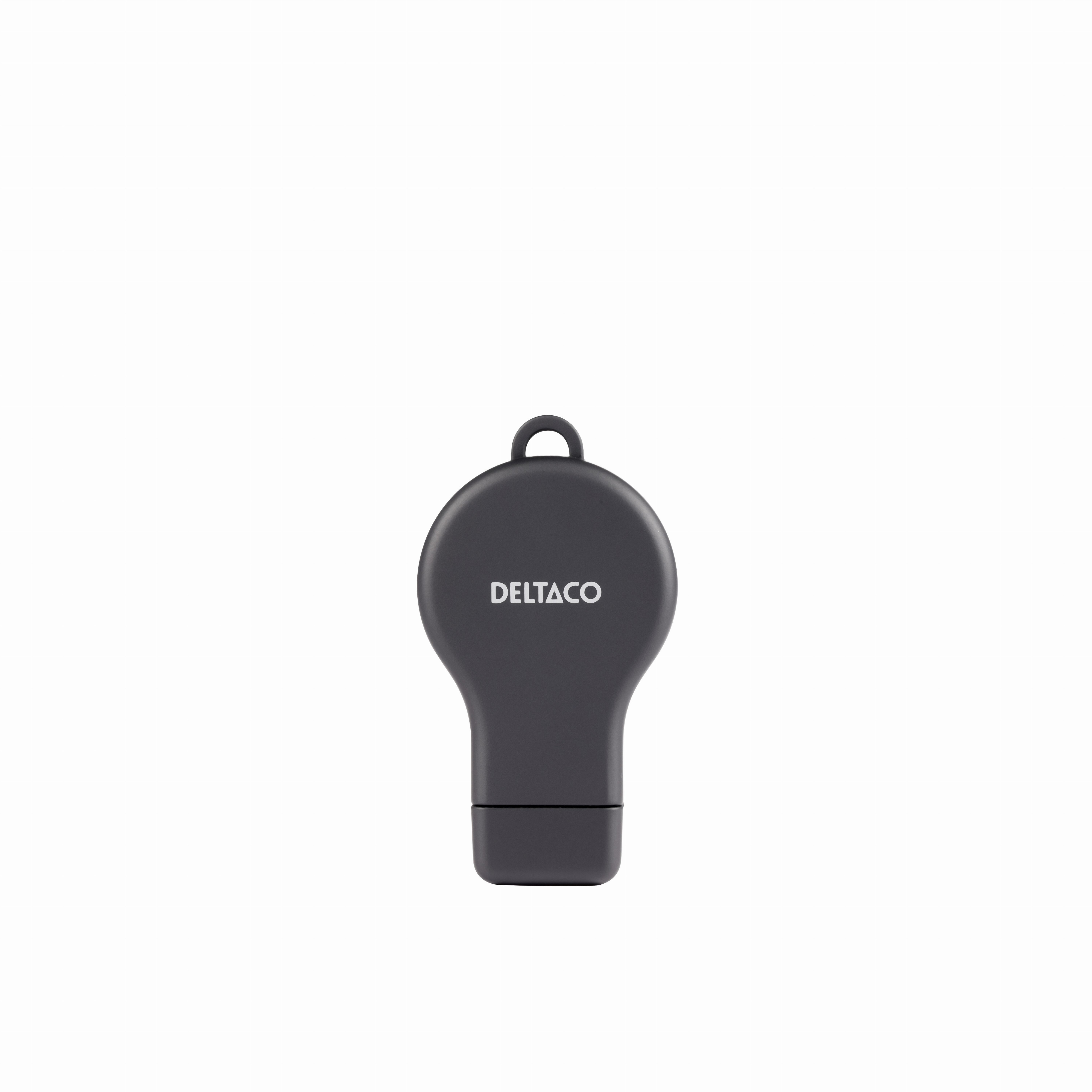 Chiavetta USB DELTACO grigio scuro, a forma di lampadina, isolata.
