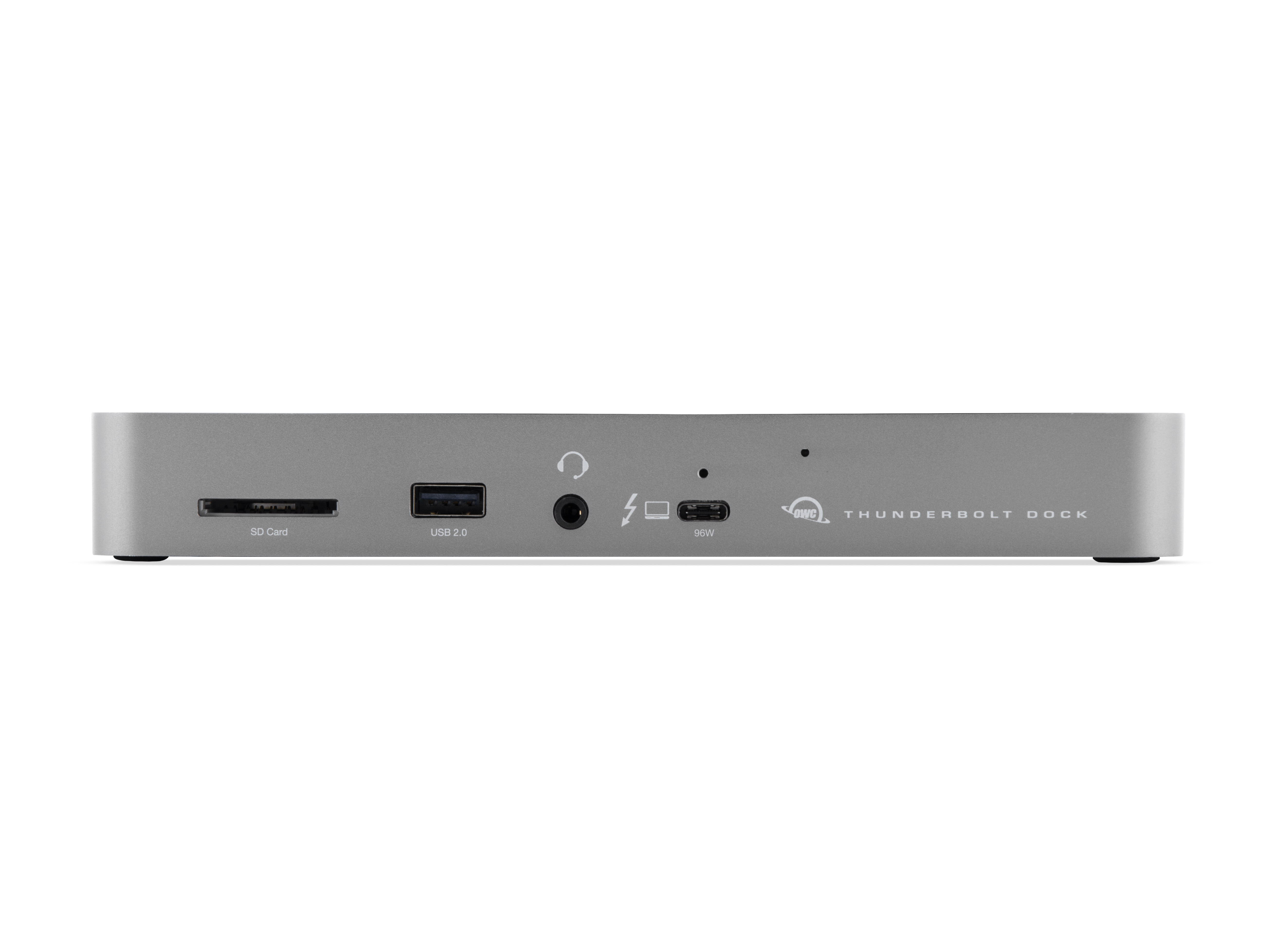 Silberne Thunderbolt-Dockingstation mit SD-Karte, USB, Kopfhöreranschluss und anderen Anschlüssen, auf weißem Hintergrund.