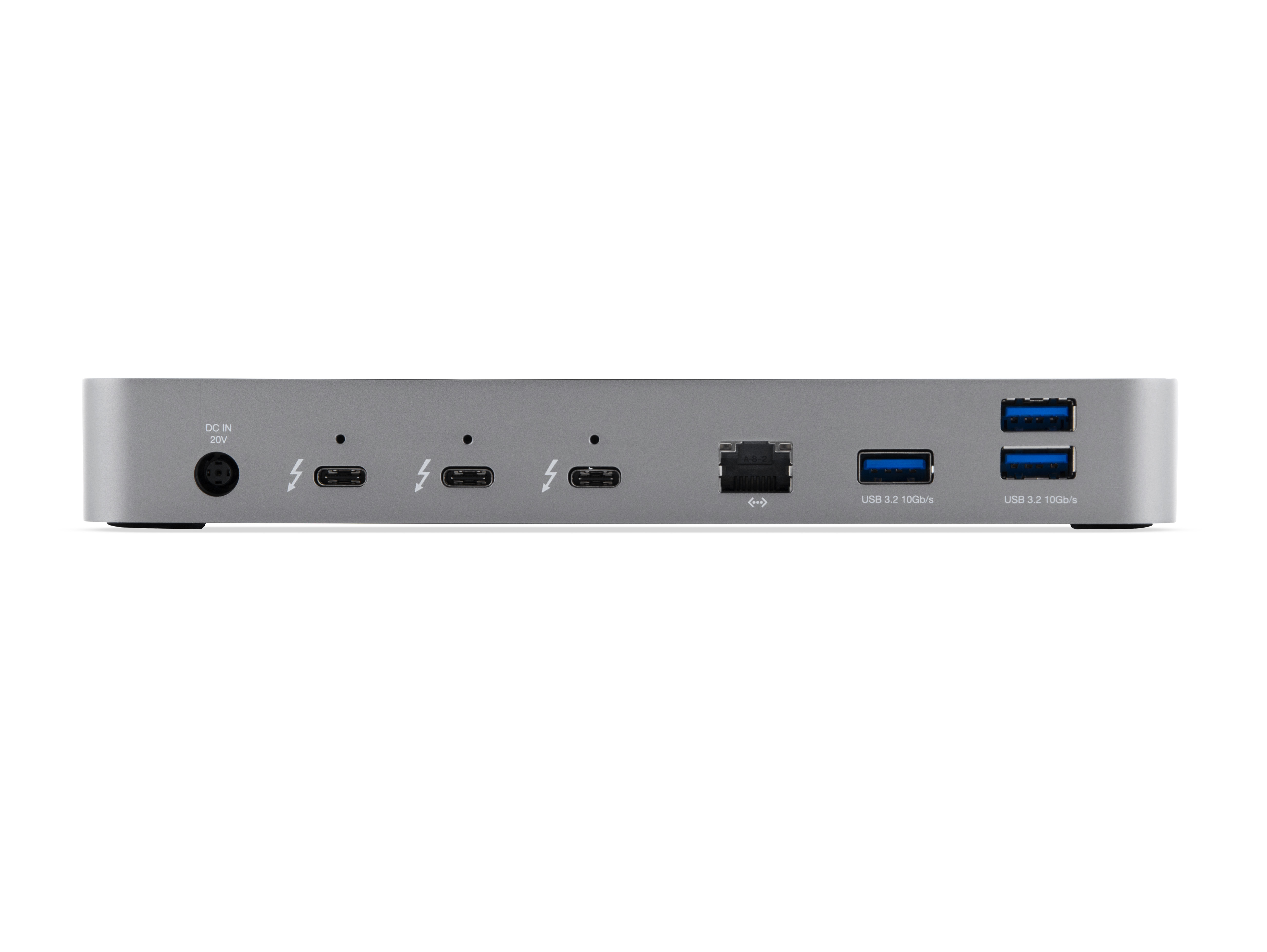 Silbernes Gerät mit Anschlüssen. Es hat Anschlüsse für Strom, Thunderbolt, USB und Ethernet. Weißer Hintergrund.