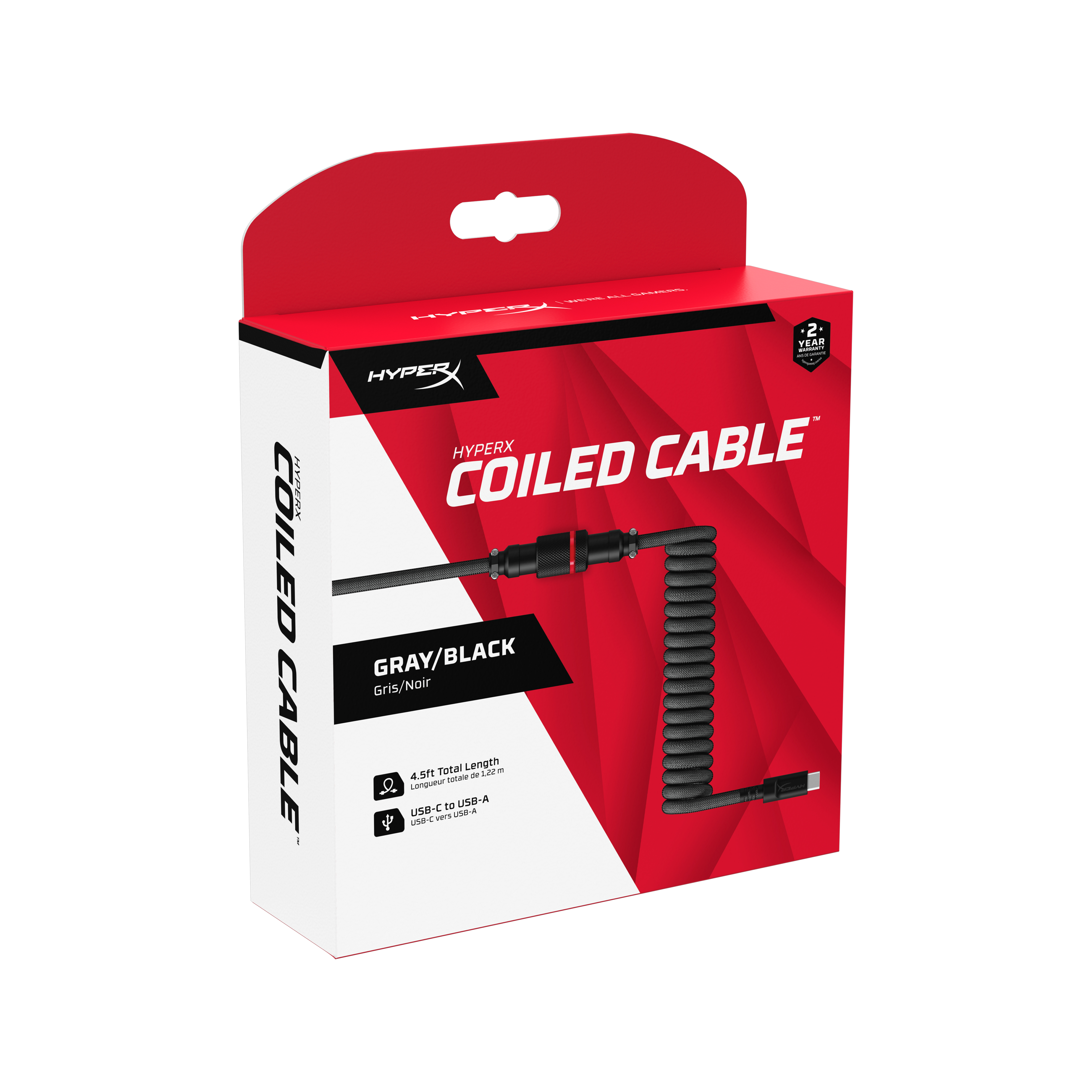 Una scatola con un cavo a spirale. È grigio/nero e ha un connettore da USB-C a USB-A.