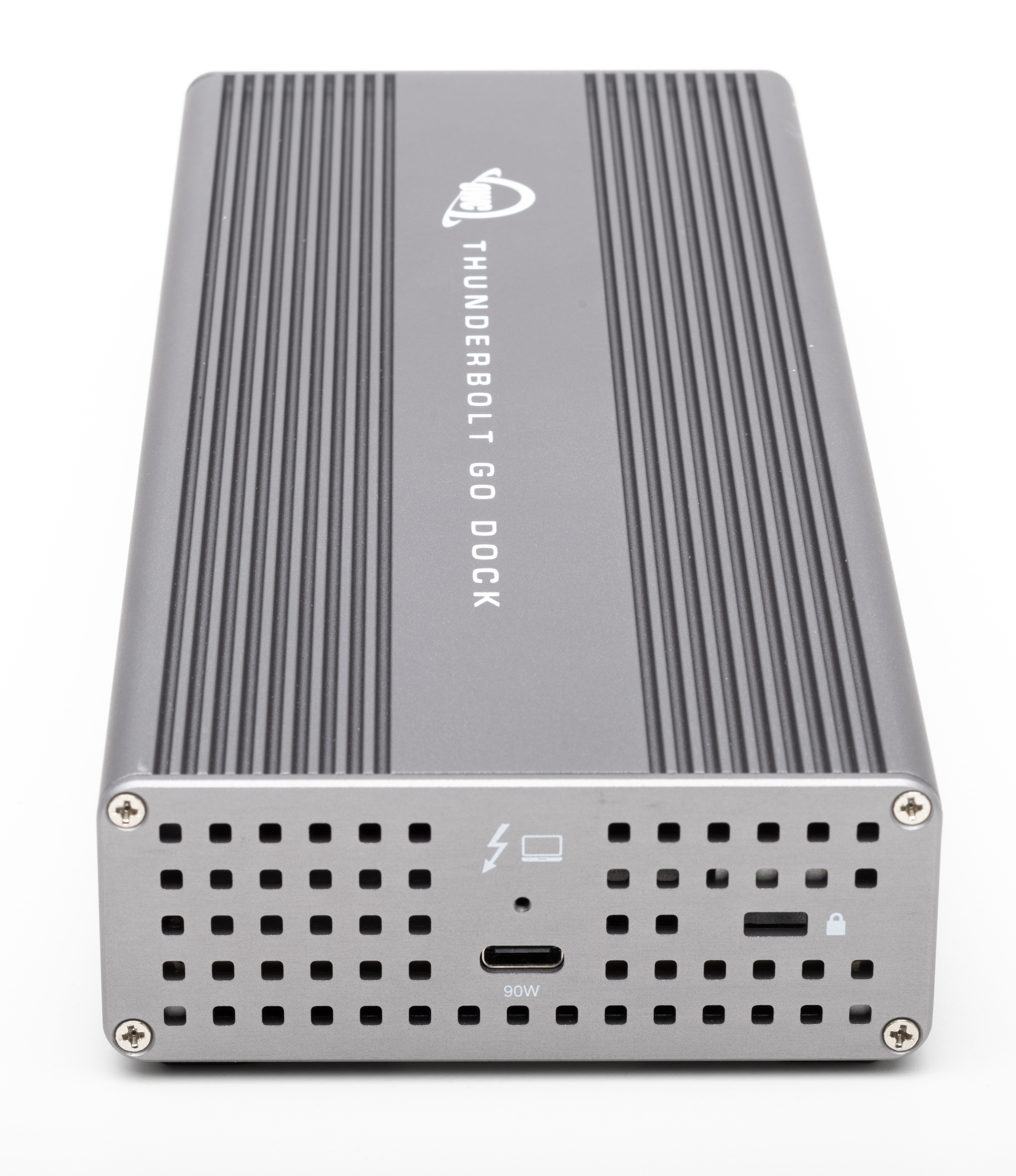 Een zilveren Thunderbolt GO DOCK. Het heeft meerdere poorten en de Thunderbolt en 90W logo's zijn zichtbaar.