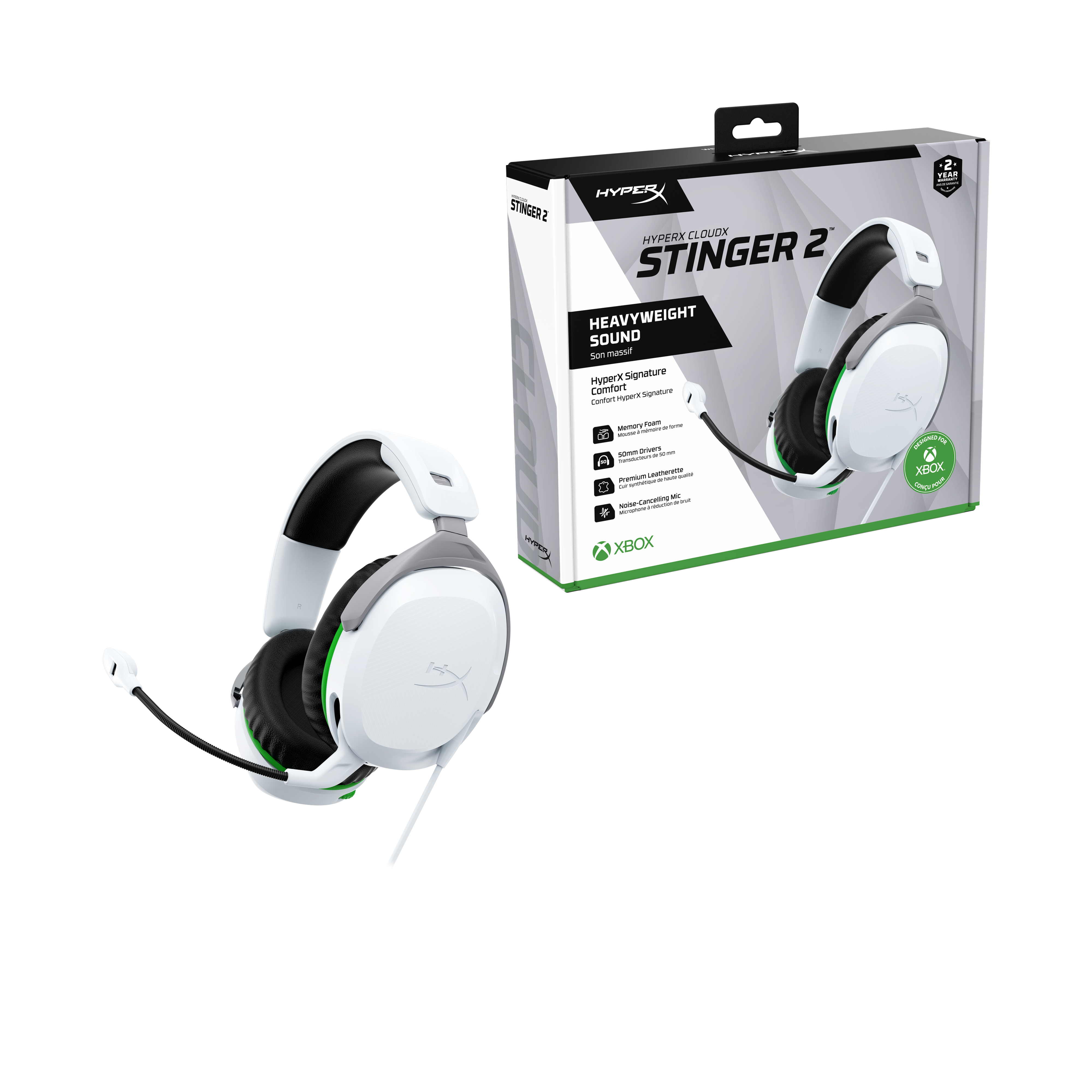 Biało-czarny zestaw słuchawkowy dla graczy i jego pudełko. Zestaw słuchawkowy na białym tle.