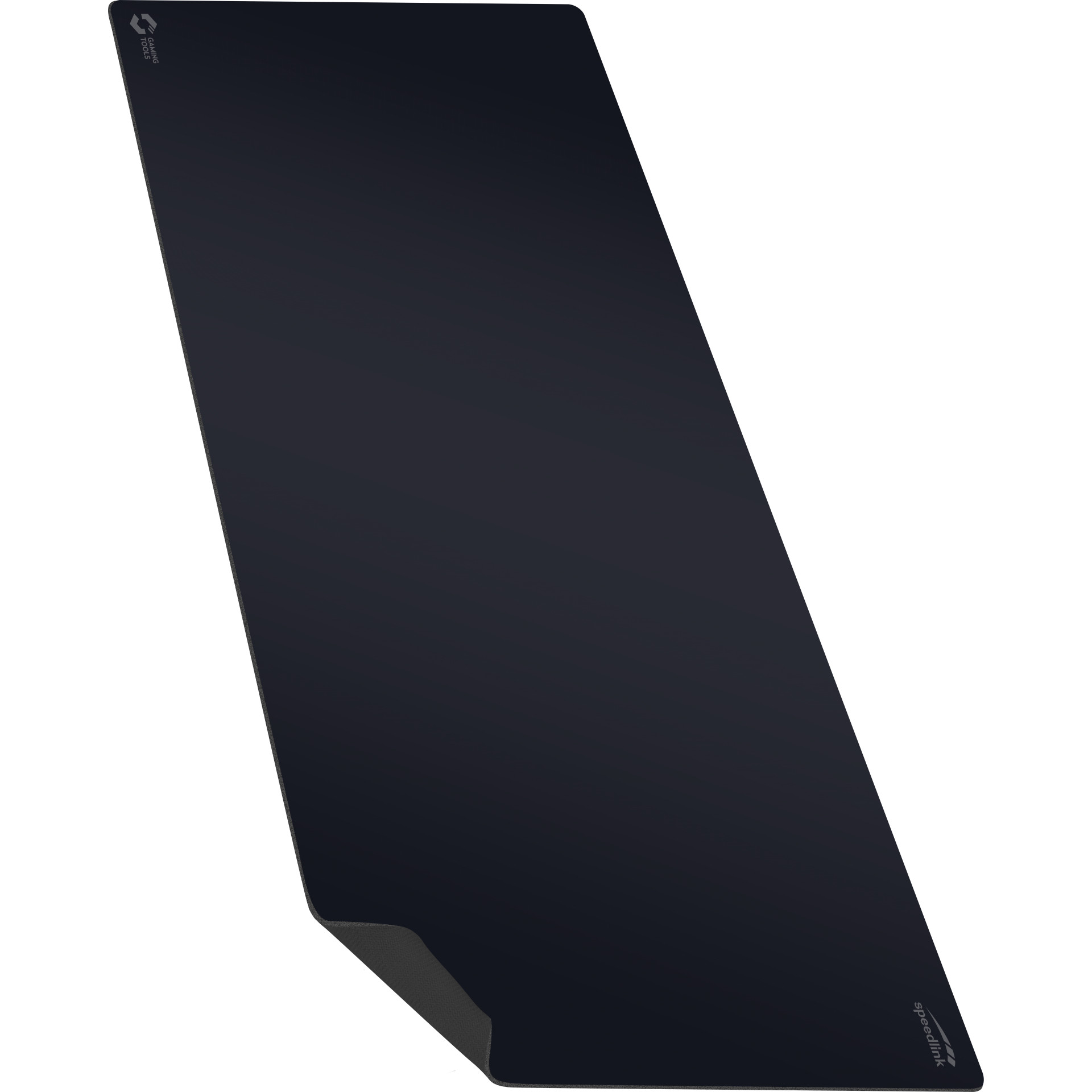 Duża czarna podkładka pod mysz z logo w rogu, lekko pochylona na białej powierzchni.