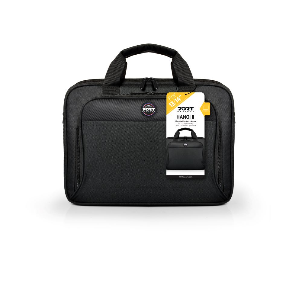 Una borsa nera per laptop Port Designs con etichetta. La borsa ha manici e una tasca frontale con logo.
