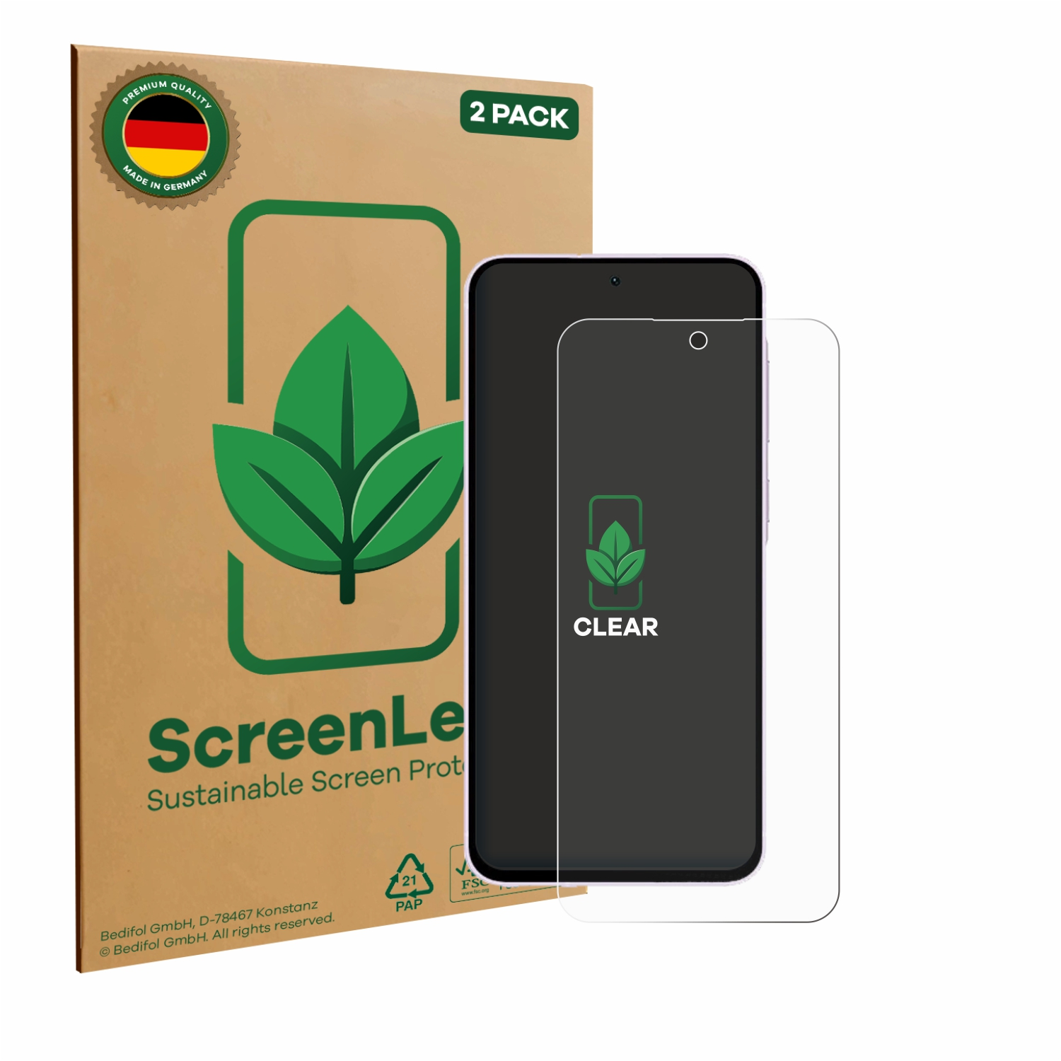 Telefon mit Displayschutzfolie und Box. Box hat Logo und Blätter.