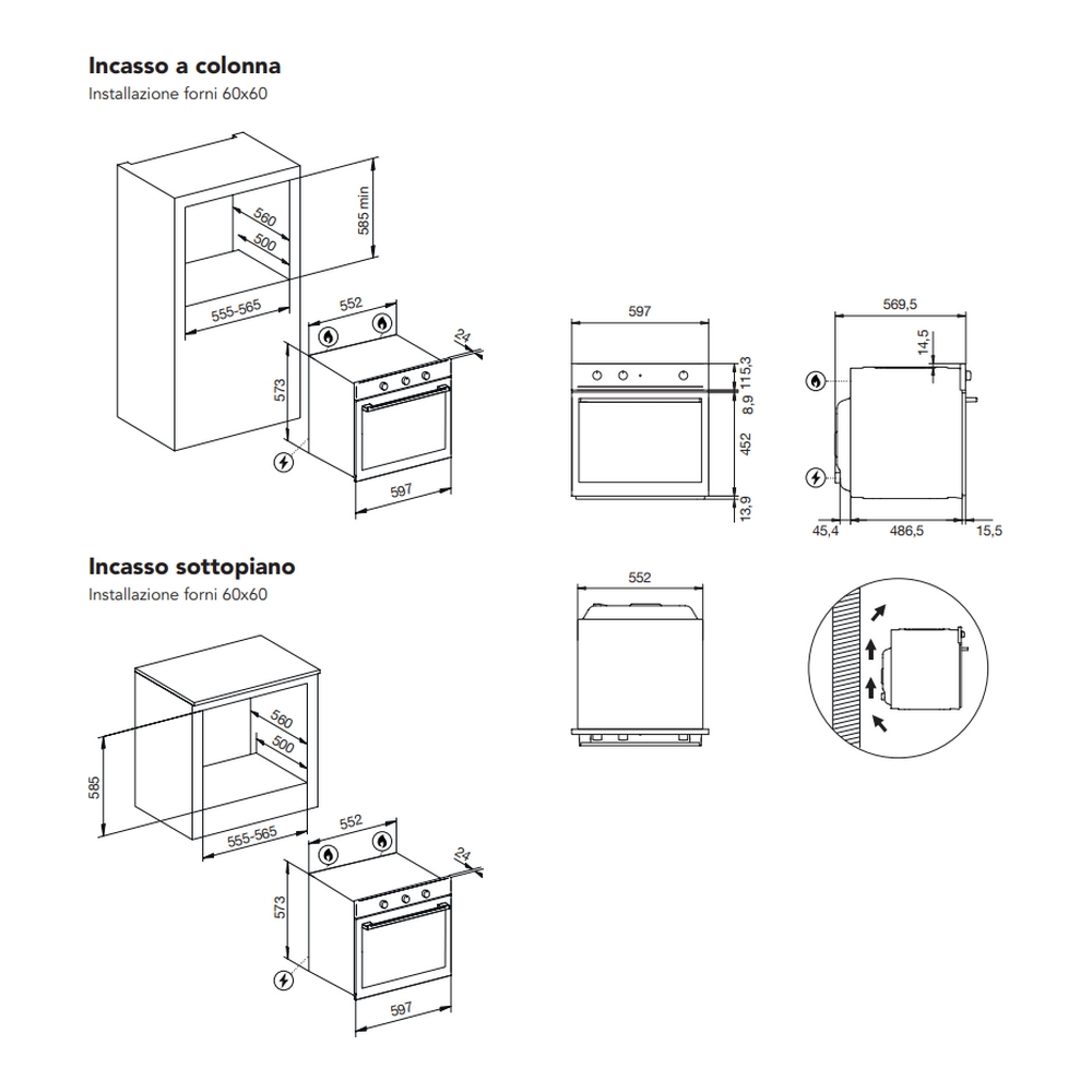 Diagrammi dimensioni e opzioni installazione di un forno a incasso in cucina.
