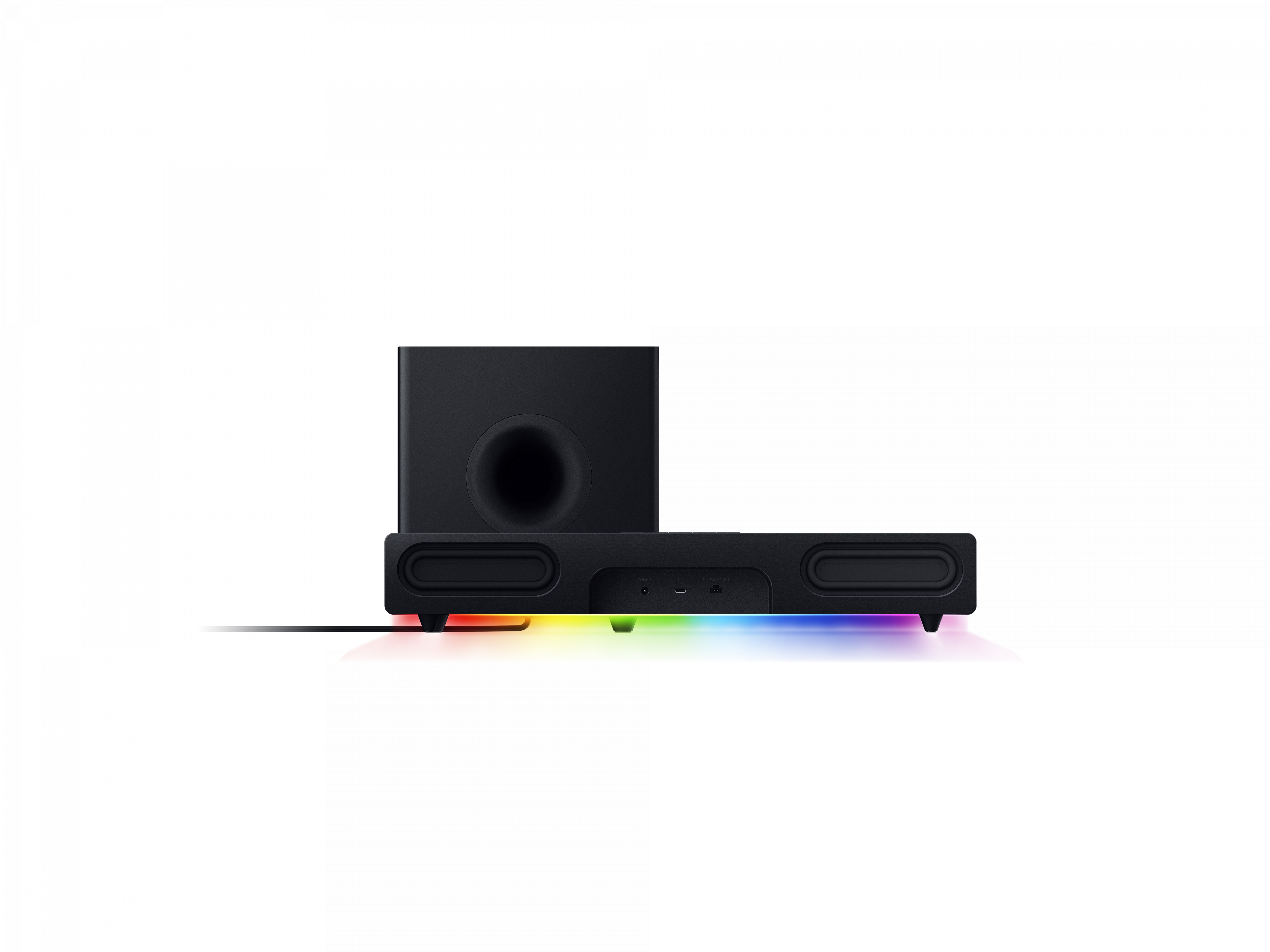 Czarny soundbar z subwooferem. Posiada tęczowy pasek świetlny na dole.