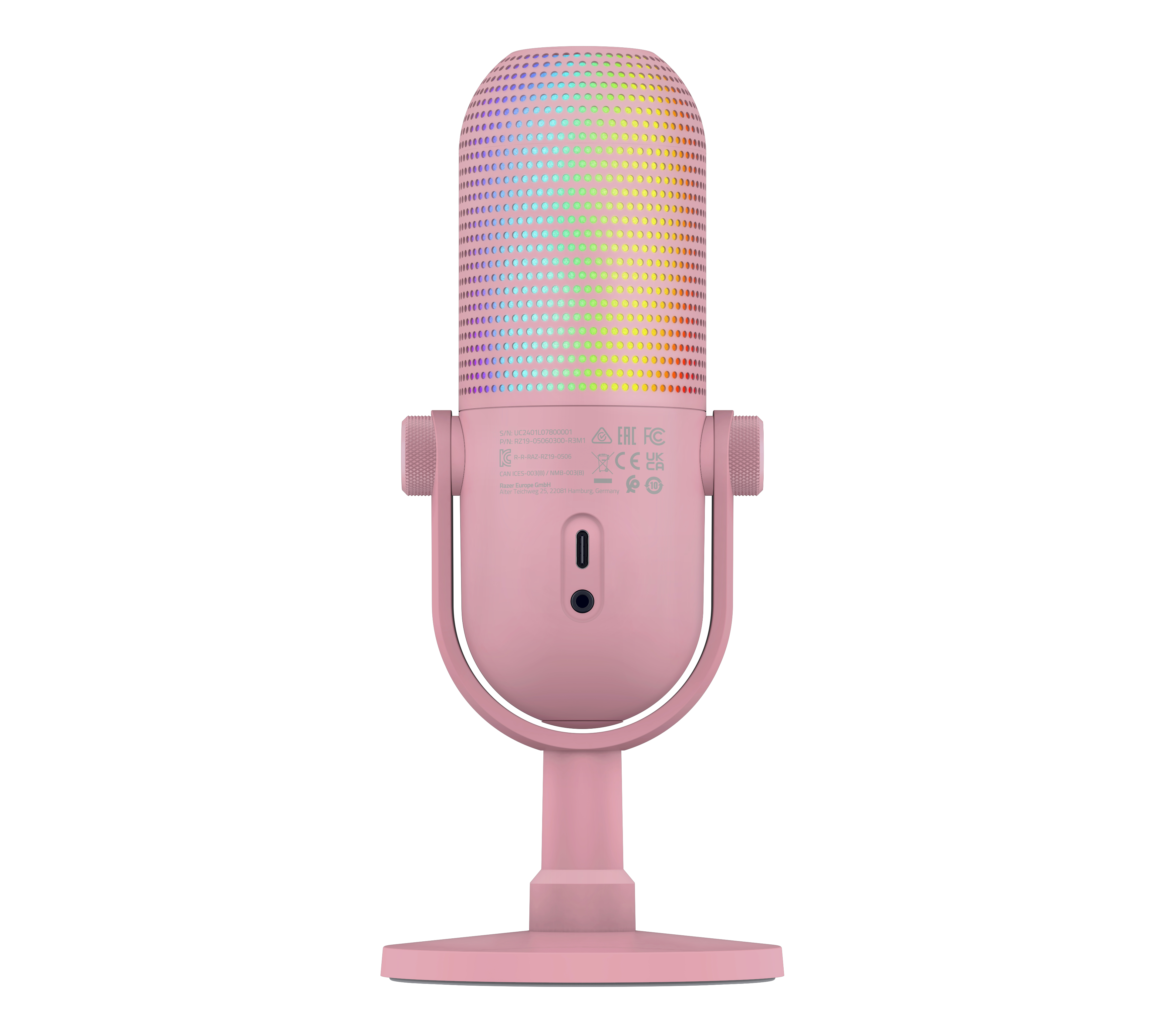 Różowy mikrofon ze światłem tęczowym. Białe tło.