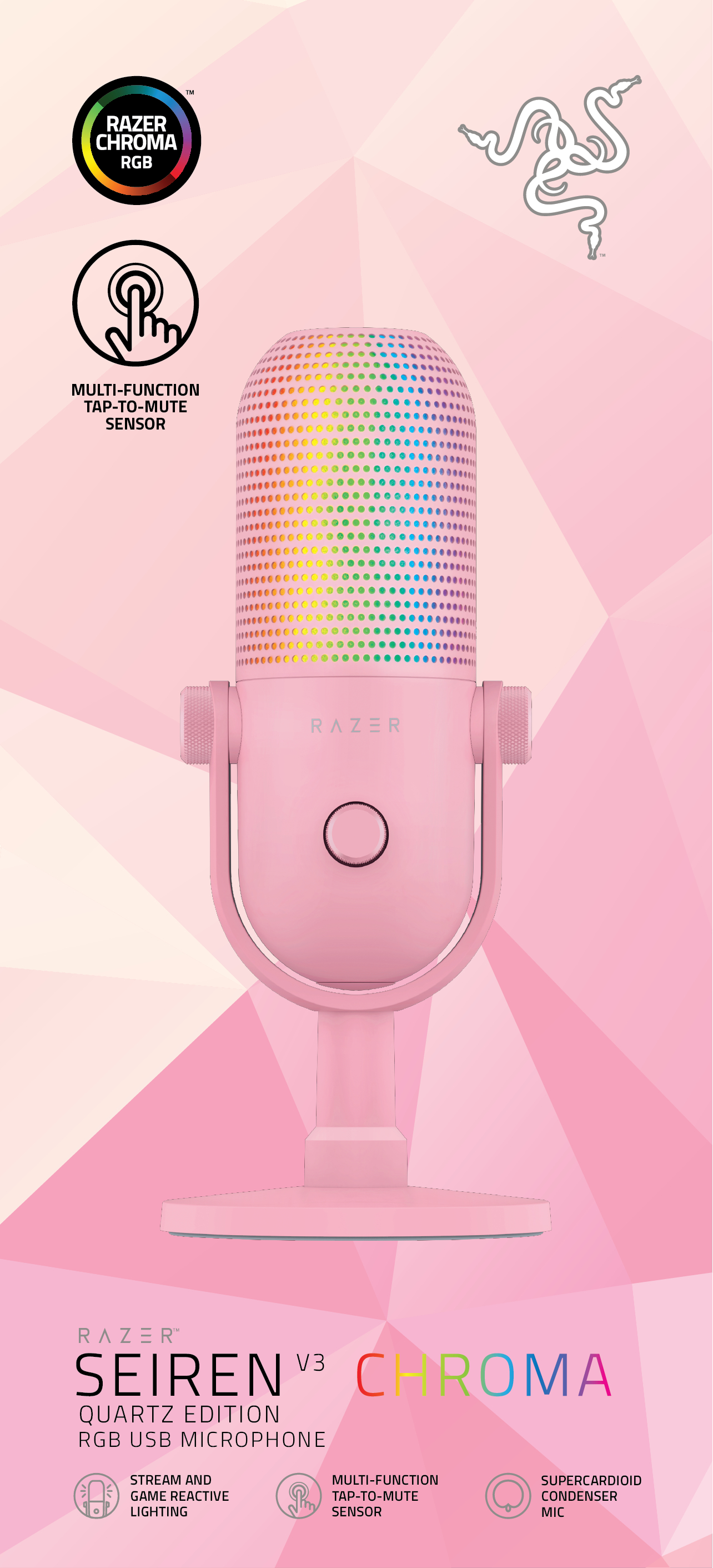 Różowy mikrofon Razer Seiren V3 Chroma z przyciskiem wielofunkcyjnym. Mikrofon posiada oświetlenie RGB.