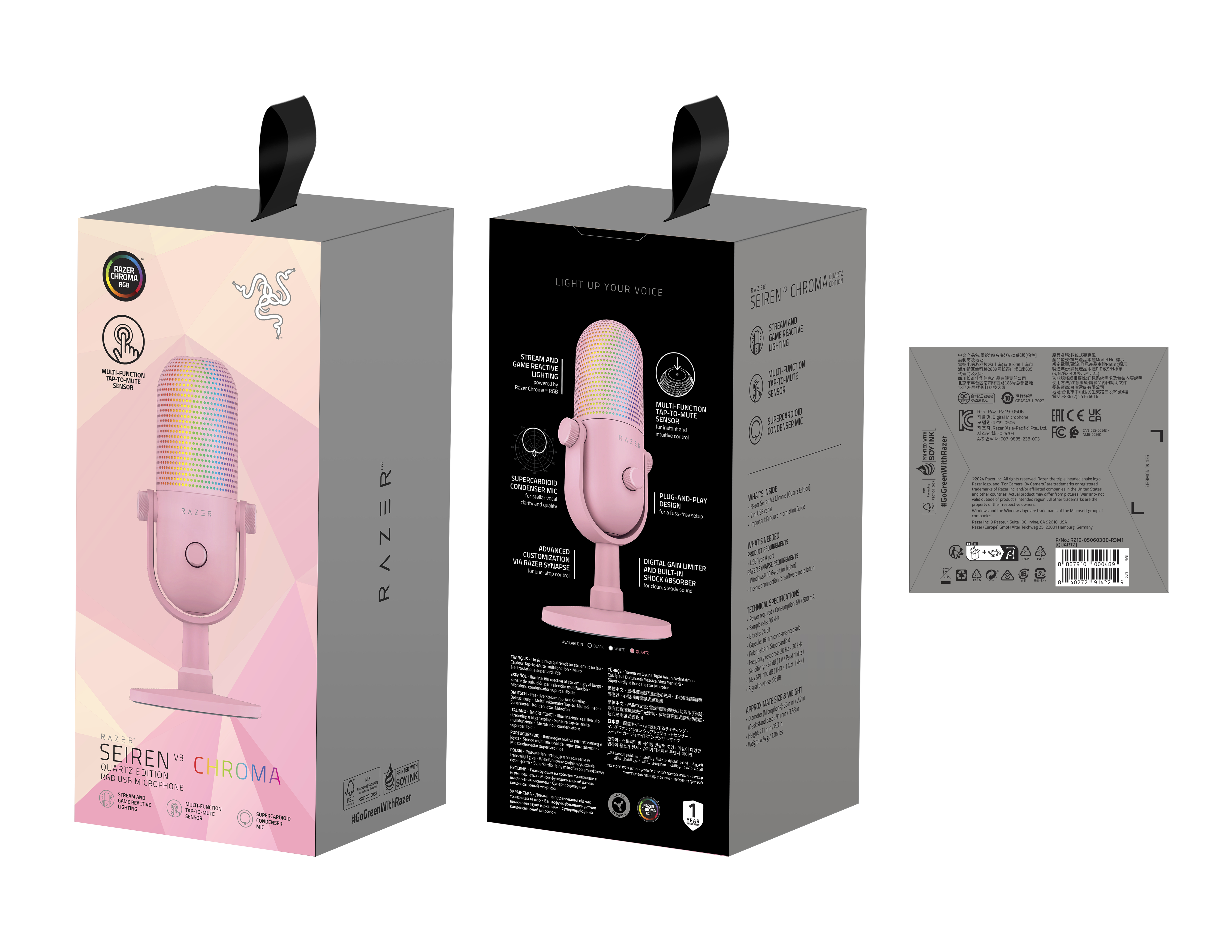 Różowy mikrofon Razer Seiren Chroma w pudełku. Widoczne szczegóły mikrofonu.