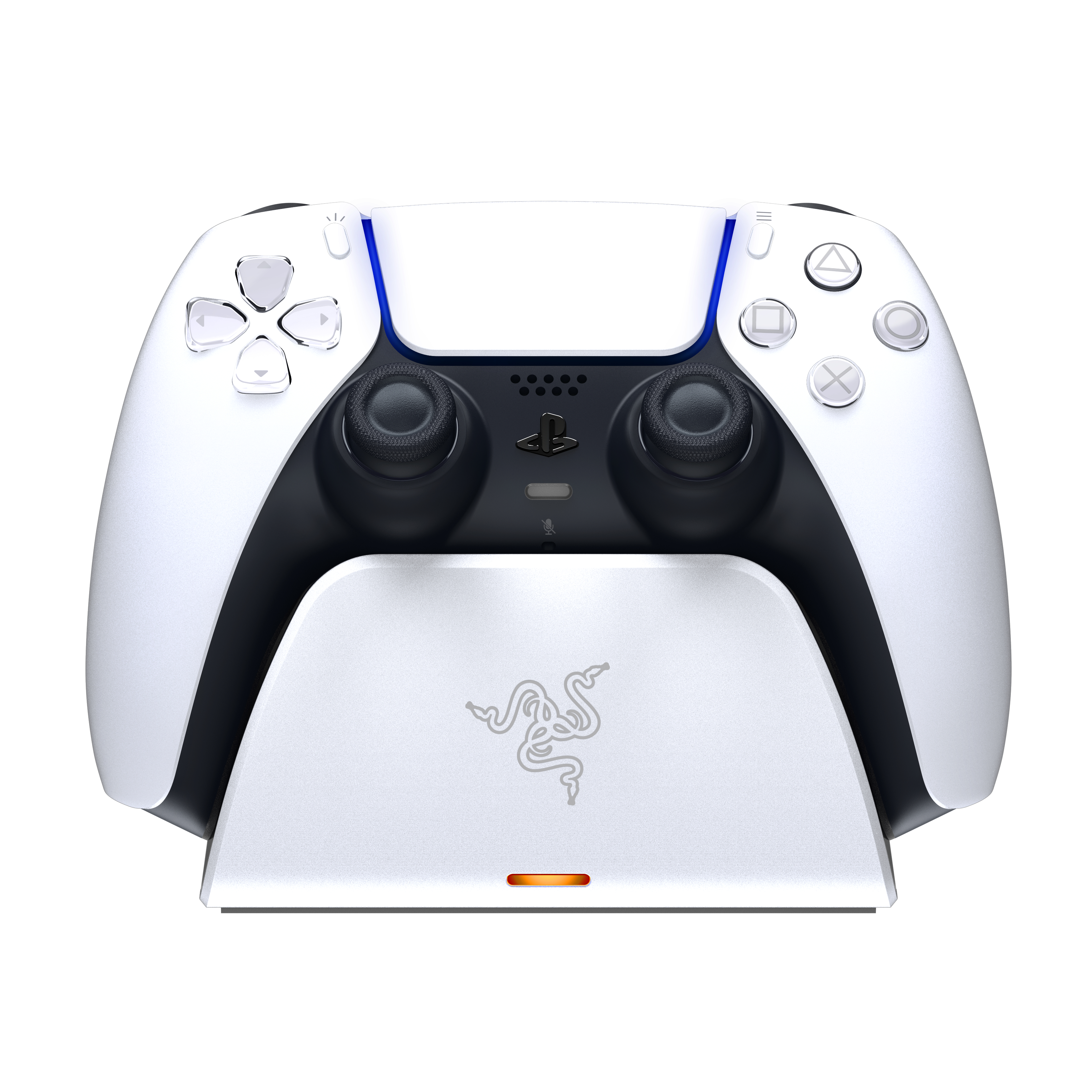 Mando y estación de carga blancos de PlayStation 5. Logotipo de Razer en la parte inferior.