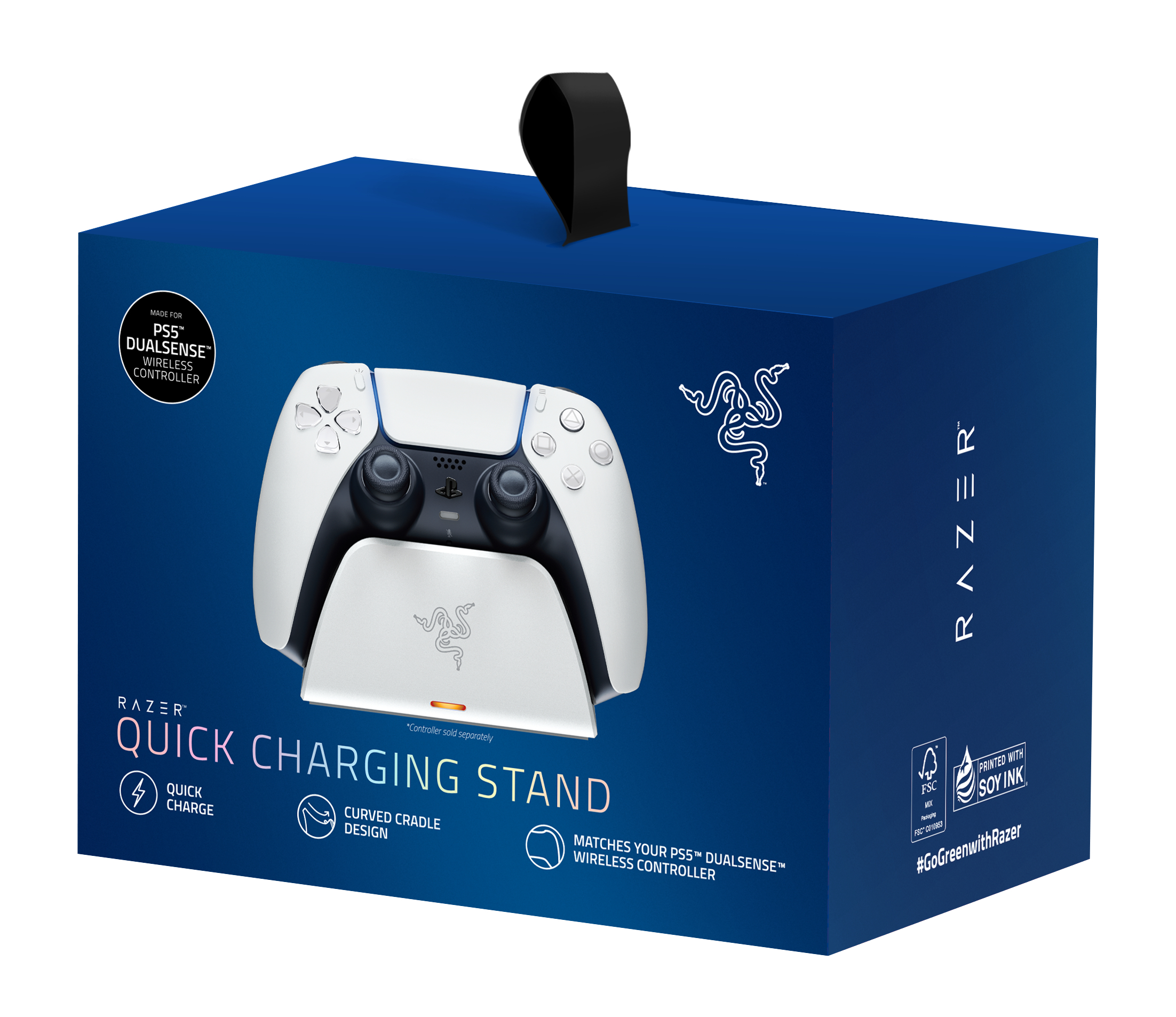 Caja azul con mando Razer PS5 blanco. El mando es blanco.