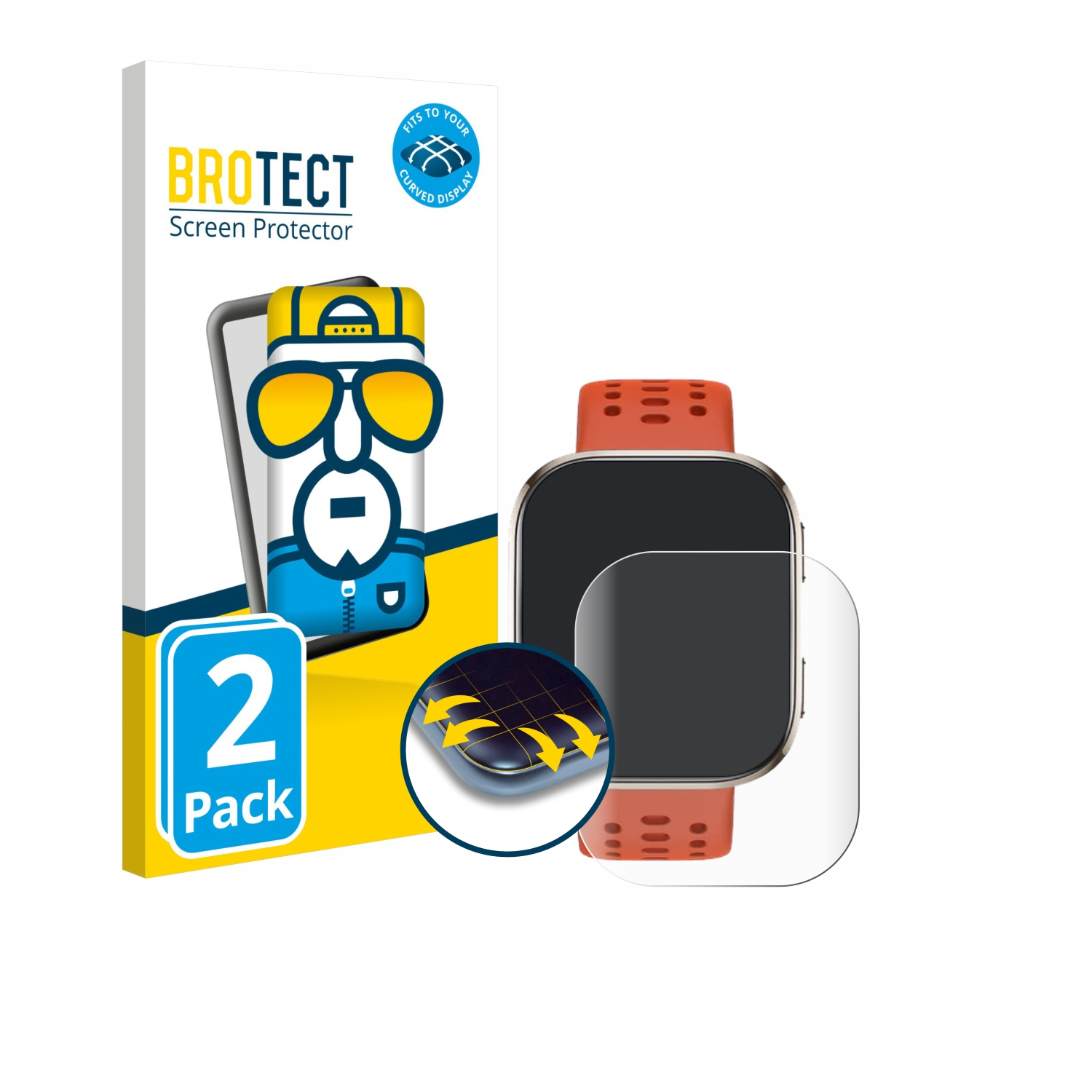 Displayschutzfolienpaket mit einer Uhr und Displayschutzfolien. Die Verpackung ist weiß. Weißer Hintergrund.