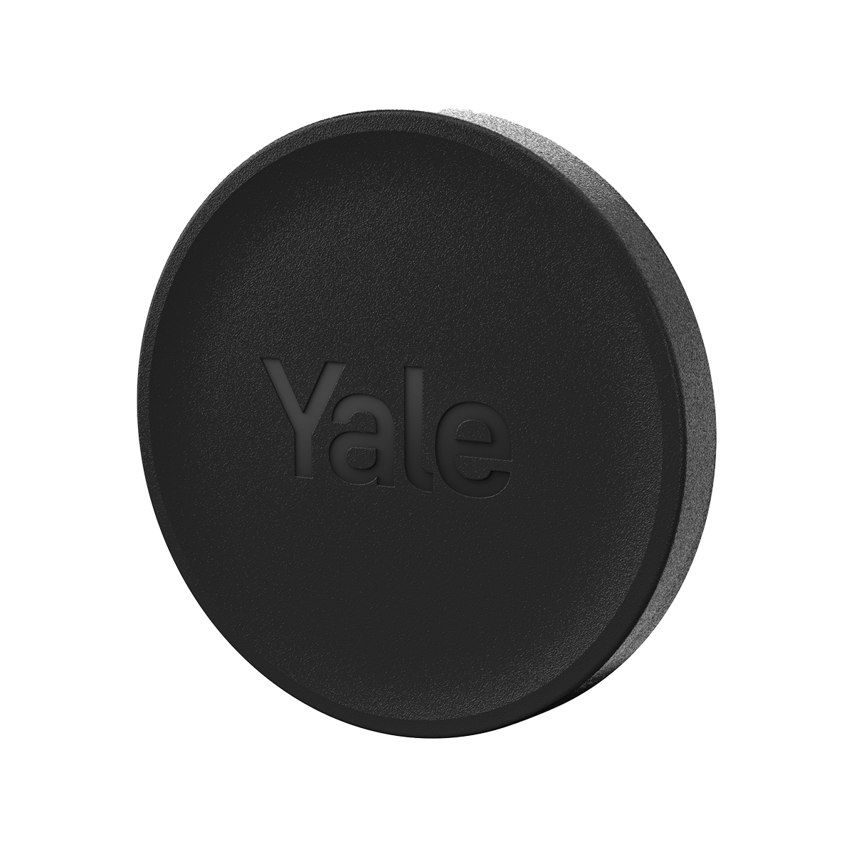 Tapa de cerradura inteligente Yale negra y redonda con el logotipo de Yale impreso.