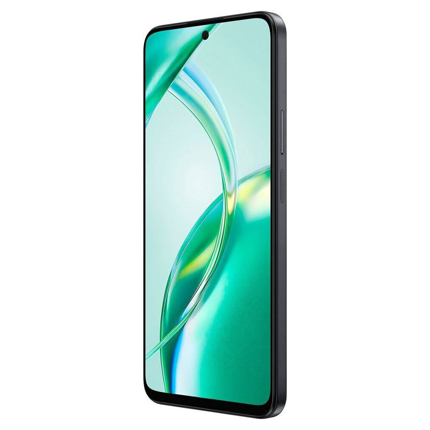 Smartphone nero di profilo, che mostra uno schermo con un design astratto verde e blu.