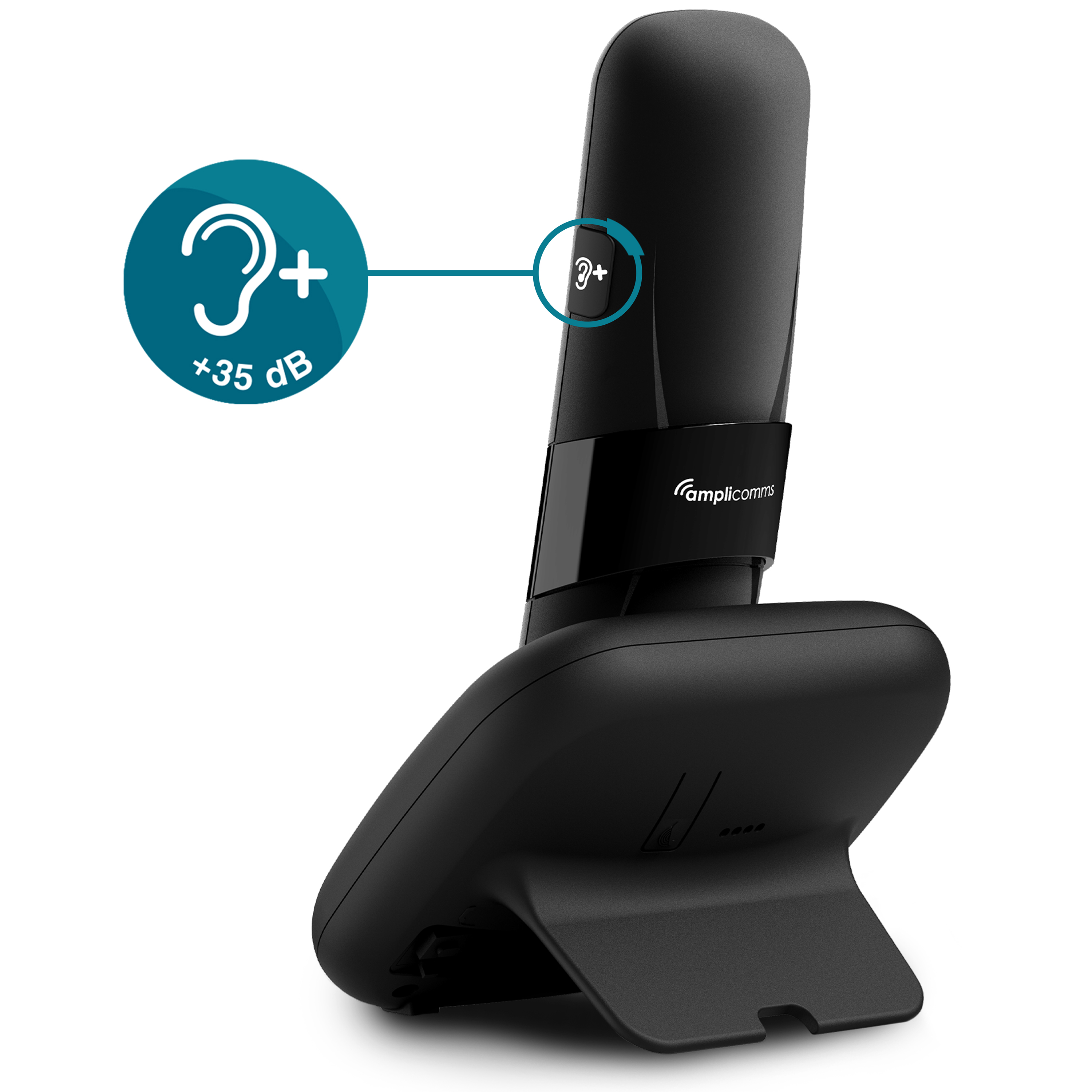 Een zwarte draadloze telefoon met een basis. De basis heeft een symbool voor compatibiliteit met hoortoestellen.