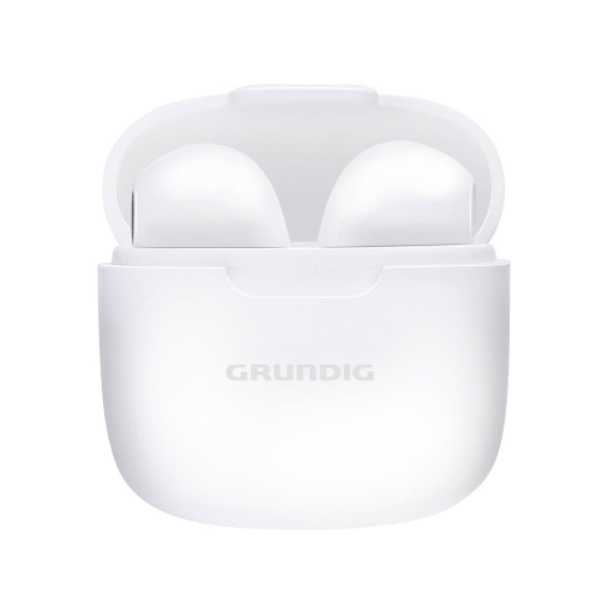 Witte open oordopjescase met twee oordopjes erin. Het merk Grundig staat op de case.