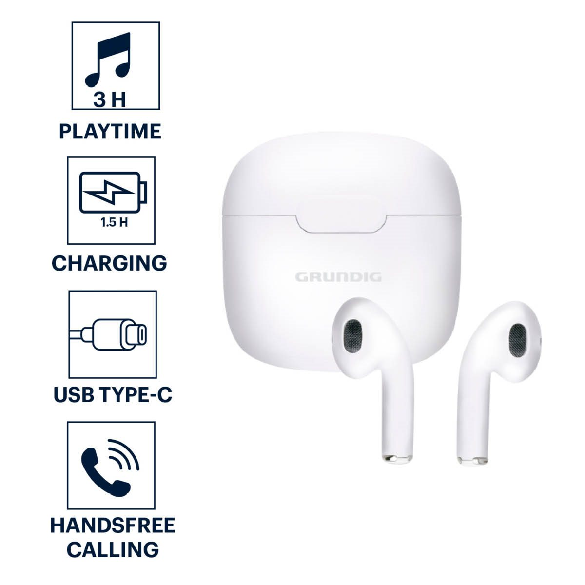Witte oortelefoons en oplaadcase. Pictogrammen tonen afspeeltijd, oplaadtijd en USB-C.