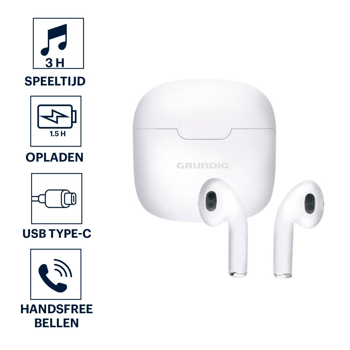 Witte oortelefoons met oplaadcase, met pictogrammen voor speeltijd, opladen, USB-C en handsfree bellen.