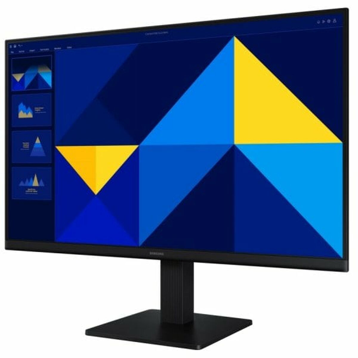 Monitor de computadora que muestra un diseño geométrico azul y amarillo, con un soporte negro. Samsung.