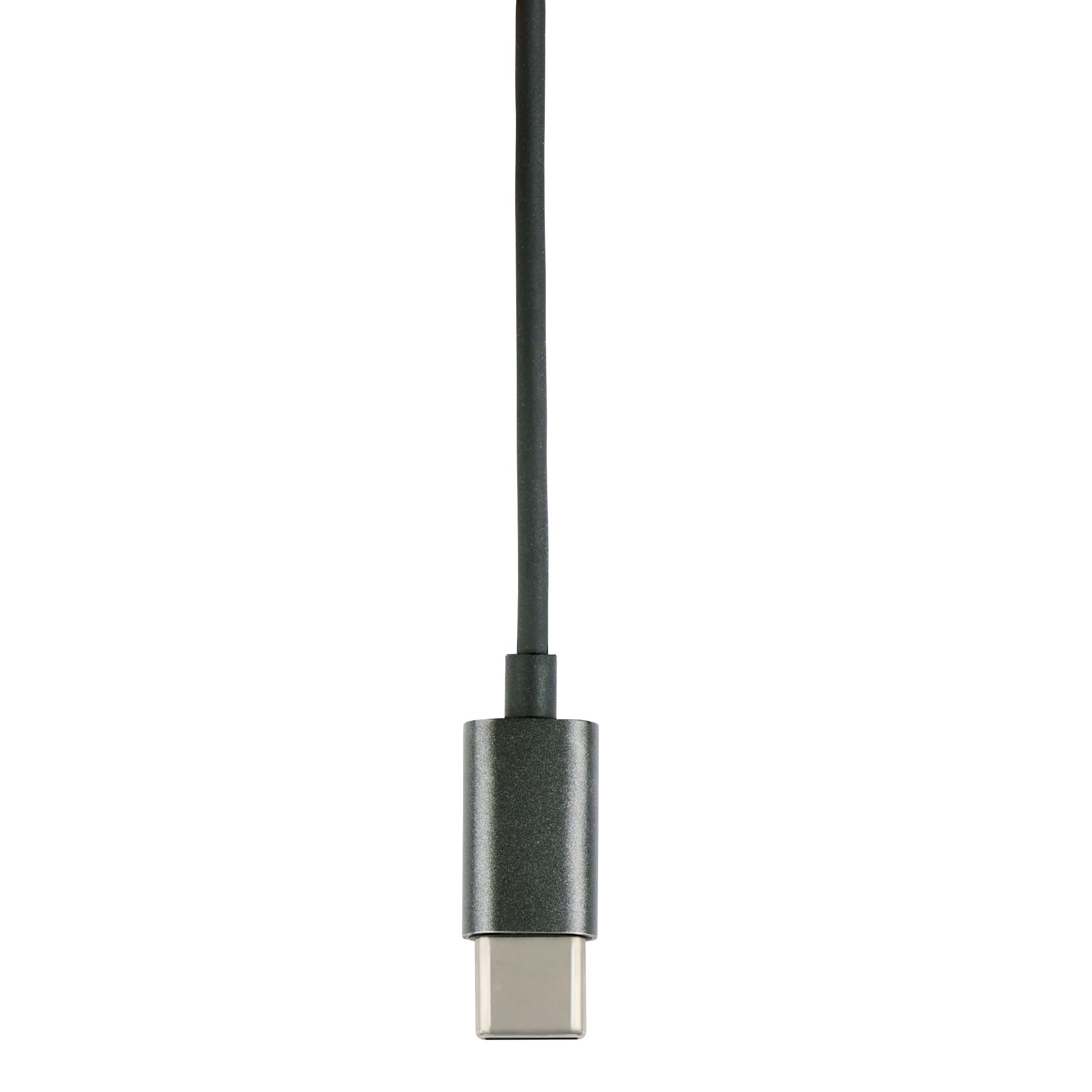 Close-up van een USB-C-kabel met een zwarte kabel en een zilveren connector.