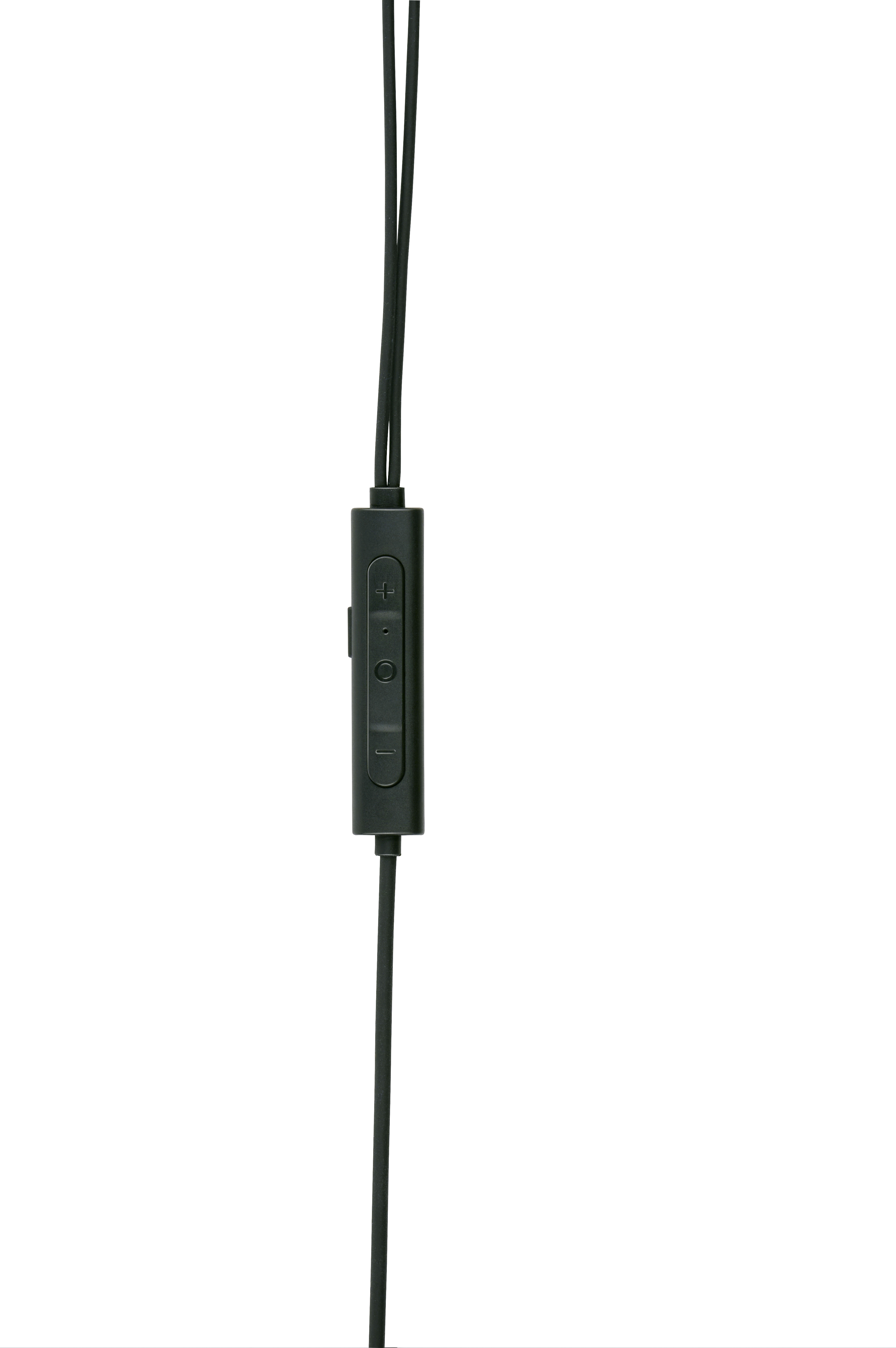 Zwarte headset afstandsbediening met volume- en belknoppen. Witte achtergrond.