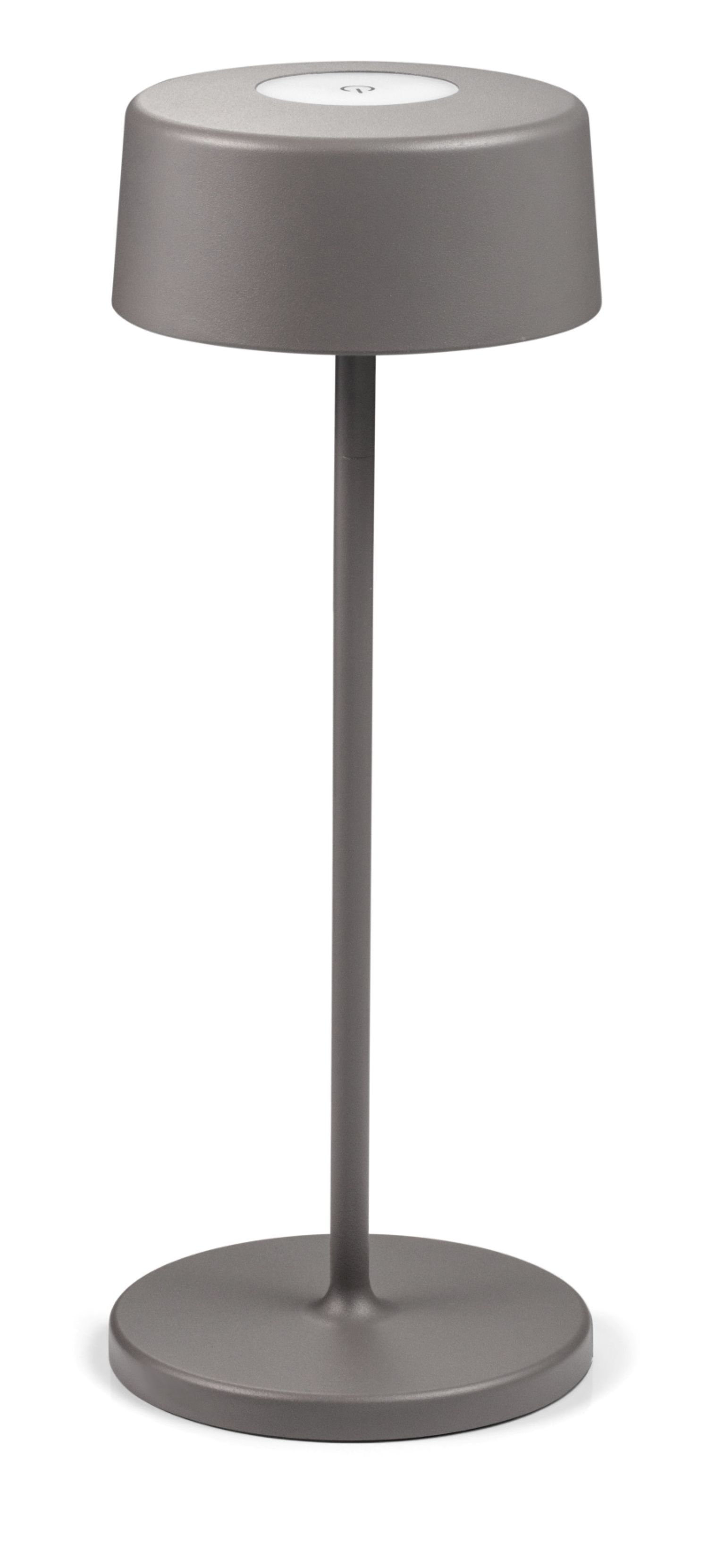 Eine hohe, graue, minimalistische Lampe mit rundem Fuß und flacher Oberseite. Sie hat einen langen Stiel.