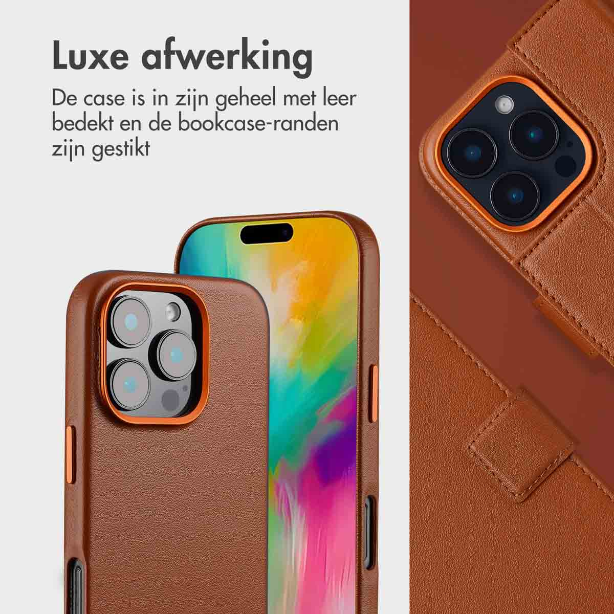 Custodie per telefono, pelle marrone. Primo piano che mostra texture e cuciture. Testo: Finitura lussuosa e dettagli.