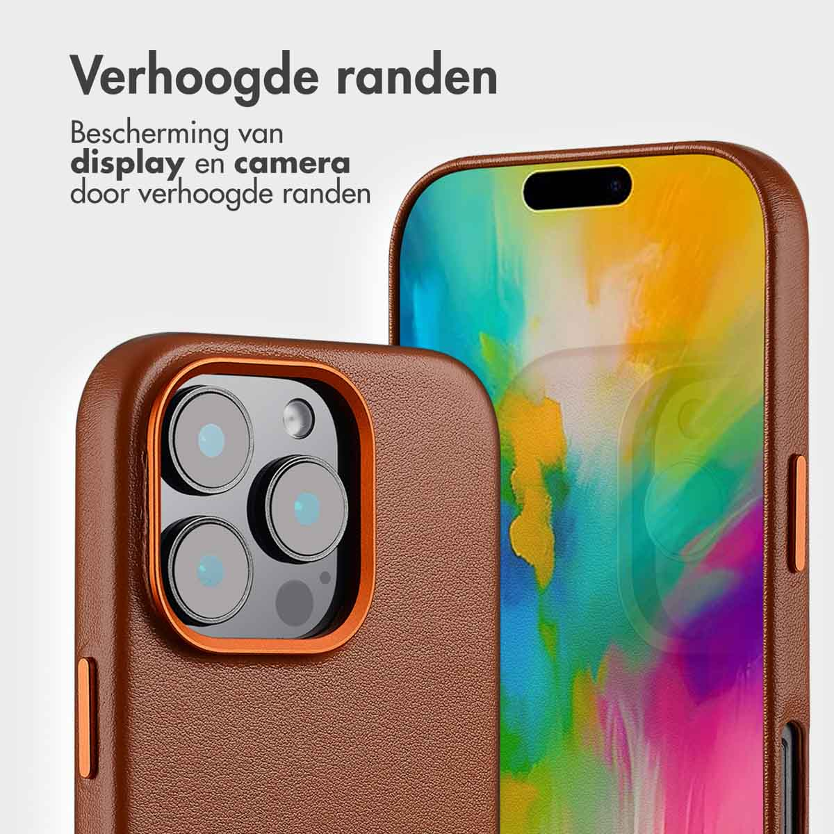 Een bruine telefoonhoes met verhoogde randen, die het scherm en de camera beschermt.